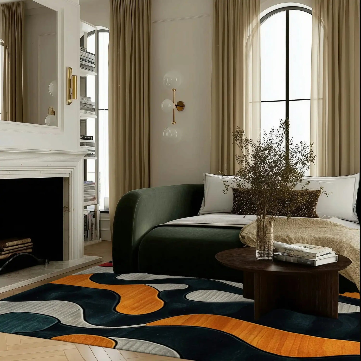 A stylish living room featuring a vibrant Abstract Whisker Hand Tufted Area Rug with bold orange, black, and white patterns. Perfect for dining room settings, this wool rug adds a modern touch beneath a round coffee table, enhancing both living room and dining room aesthetics.