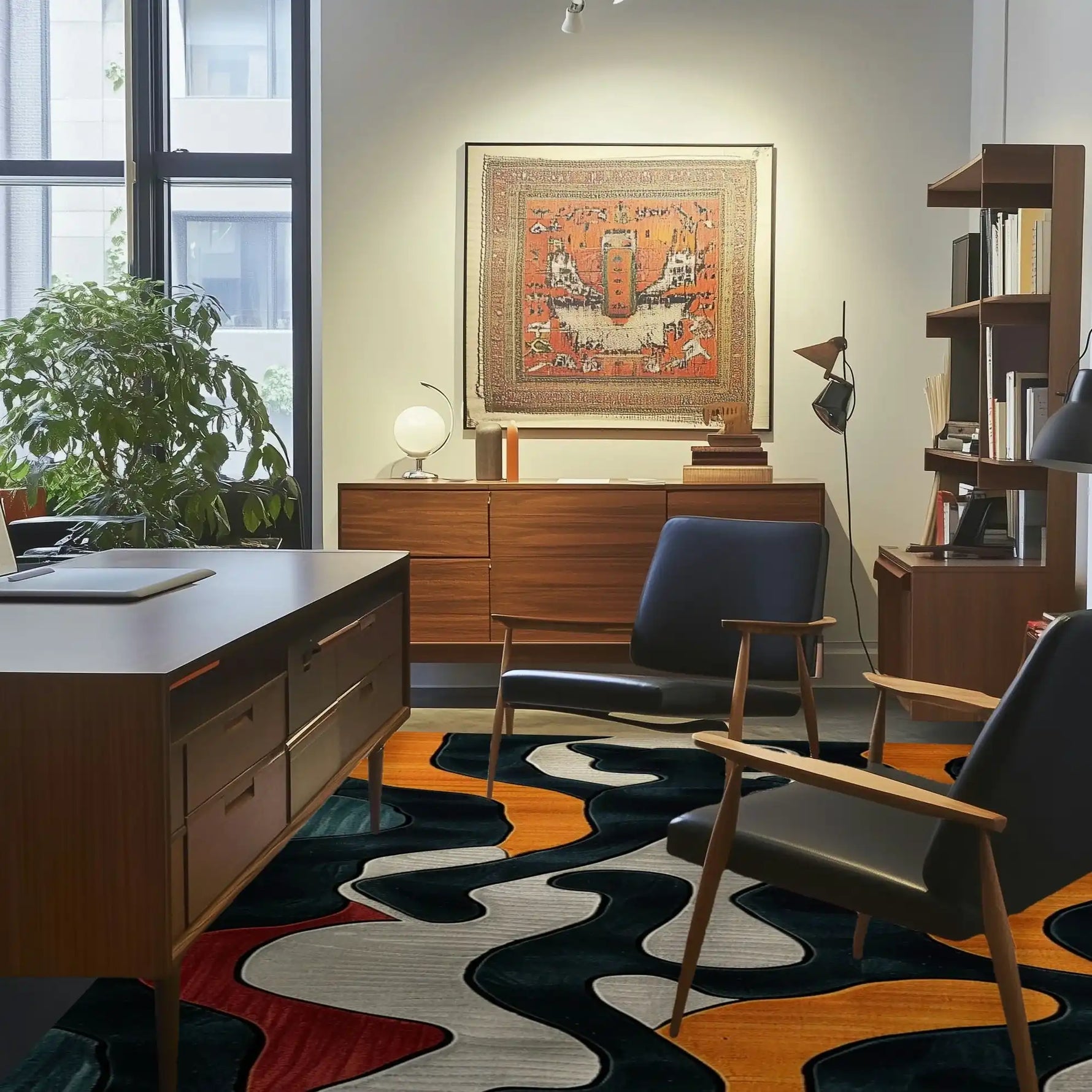 A stylish living room featuring an Abstract Whisker Hand Tufted Area Rug. The wool rug, perfect for dining rooms and living spaces, showcases a bold design in black, white, red, and orange. It adds a sophisticated touch under a modern dining table setup with wooden furniture and a large window view.