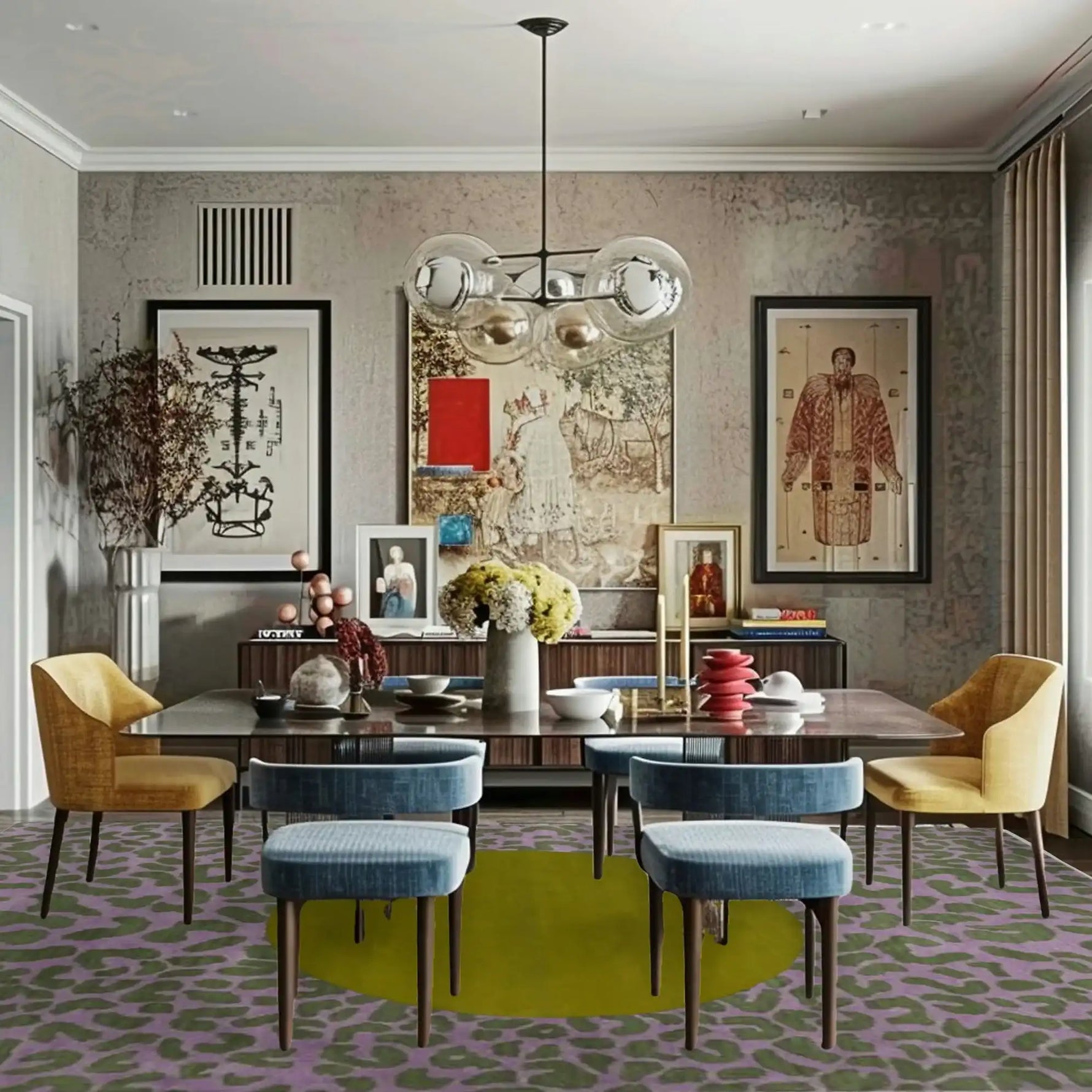 A stylish living room showcasing a large hand-tufted wool rug with an abstract animal print design. The area rug enhances the modern aesthetic of the space, complemented by contemporary furniture, vibrant wall art, and a unique chandelier. Perfect for those seeking elegant area rugs for living rooms.