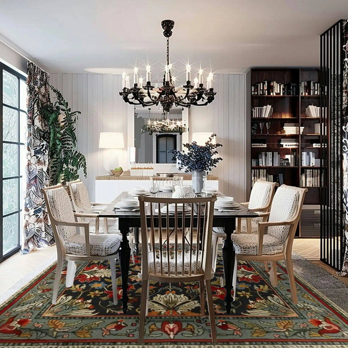 Elegant dining room featuring an antique floral tapestry hand-tufted area rug. The wool rug adds warmth and character, complementing the classic dining room decor with wooden chairs and a black chandelier. Perfect for enhancing living room or dining room spaces with style.