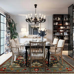 Elegant dining room featuring an antique floral tapestry hand-tufted area rug. The wool rug adds warmth and character, complementing the classic dining room decor with wooden chairs and a black chandelier. Perfect for enhancing living room or dining room spaces with style.
