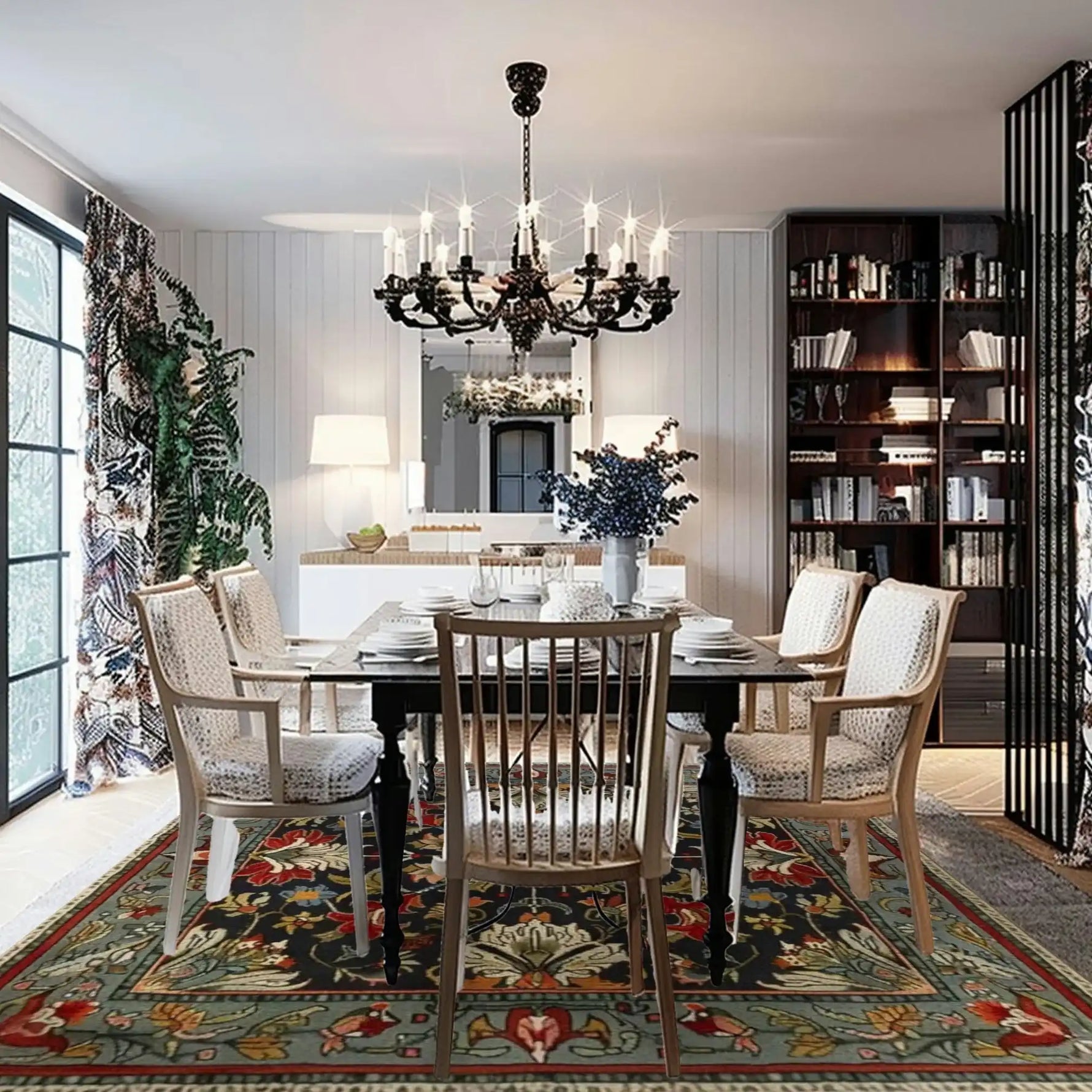 Elegant dining room featuring an antique floral tapestry hand-tufted area rug. The wool rug adds warmth and character, complementing the classic dining room decor with wooden chairs and a black chandelier. Perfect for enhancing living room or dining room spaces with style.