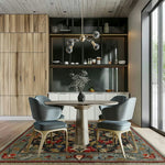 A beautifully designed Antique Floral Tapestry Hand Tufted Area Rug adds a touch of elegance to the modern dining room. The vibrant wool rug features intricate floral patterns, complementing the stylish chairs and wooden table, creating a cozy yet sophisticated atmosphere.