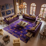 A vibrant Arabian Nights hand-tufted area rug featuring a celestial design with golden stars scattered on a rich purple background, perfect for adding a touch of luxury to your living room or bedroom. This wool rug offers a unique blend of style and comfort, making it an ideal choice for living room area rugs or rugs for the bedroom.