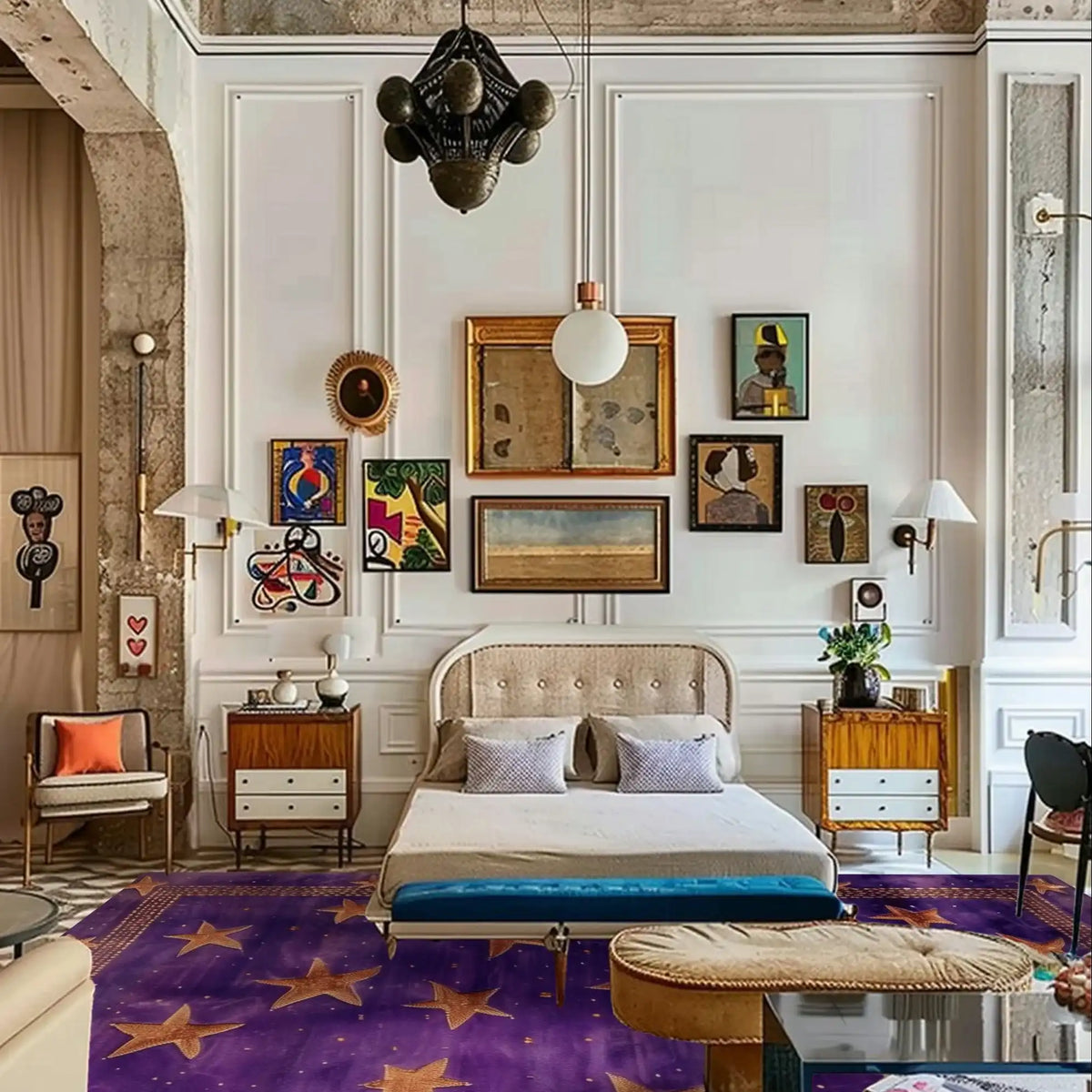 A stylish bedroom showcasing an Arabian Nights Hand Tufted Area Rug with a rich, vibrant purple background and golden star patterns. This wool rug adds a touch of luxury and warmth, making it ideal for living room area rugs or bedroom decor. The rug complements the eclectic wall art and modern furniture, enhancing the overall ambiance of the living room.