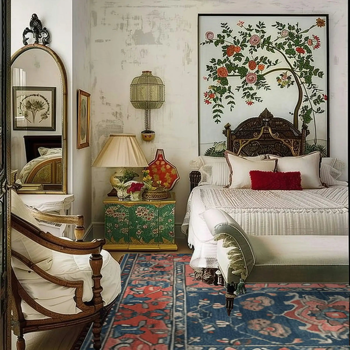 A beautifully styled bedroom features an Autumnal Elegance Hand Knotted Area Rug. This vintage-inspired Persian rug, perfect for area rugs in living rooms, showcases intricate patterns with rich autumnal hues, adding a touch of elegance to the space.