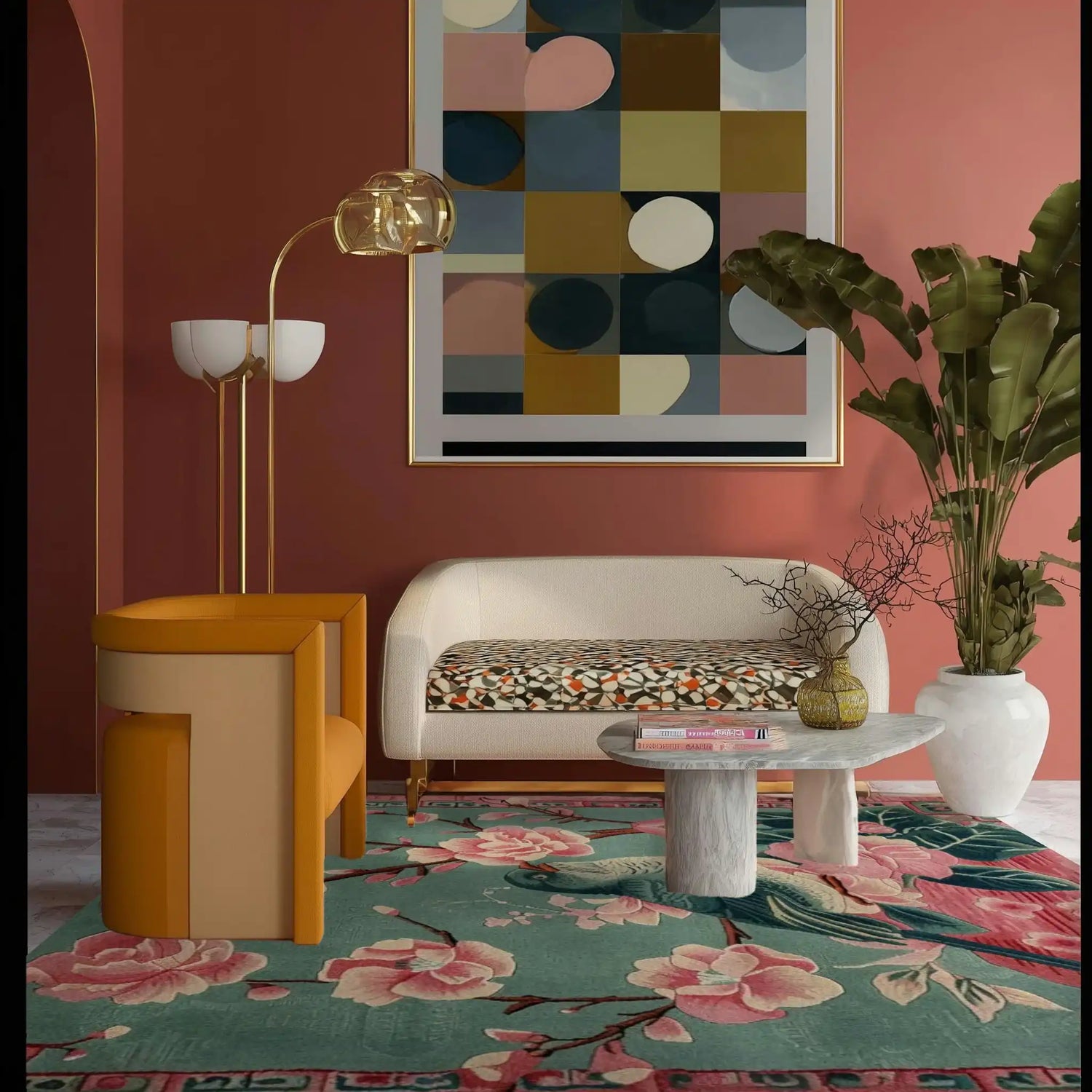 A stylish living room featuring a large area rug with a floral design, perfect for adding elegance to any space. The wool rug sits beautifully under modern furniture, including a contemporary couch and a chic side table, enhancing the decor of the large living room.