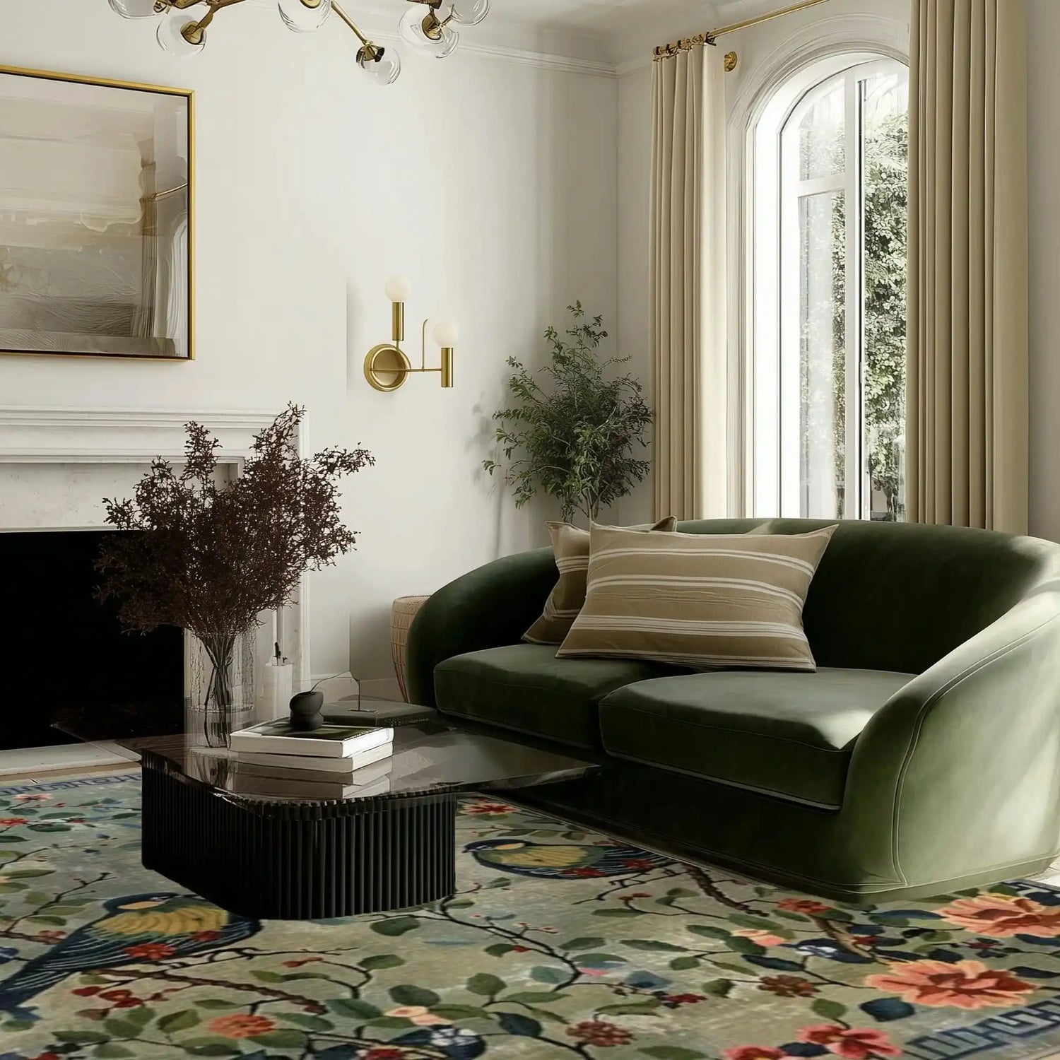 A cozy living room featuring a luxurious Avian Serenade Hand Tufted Area Rug, perfect for adding warmth and style. The wool rug, sized 8x10, showcases an intricate floral design with vibrant colors, complementing the elegant green sofa and modern decor. Ideal for enhancing any living room area.