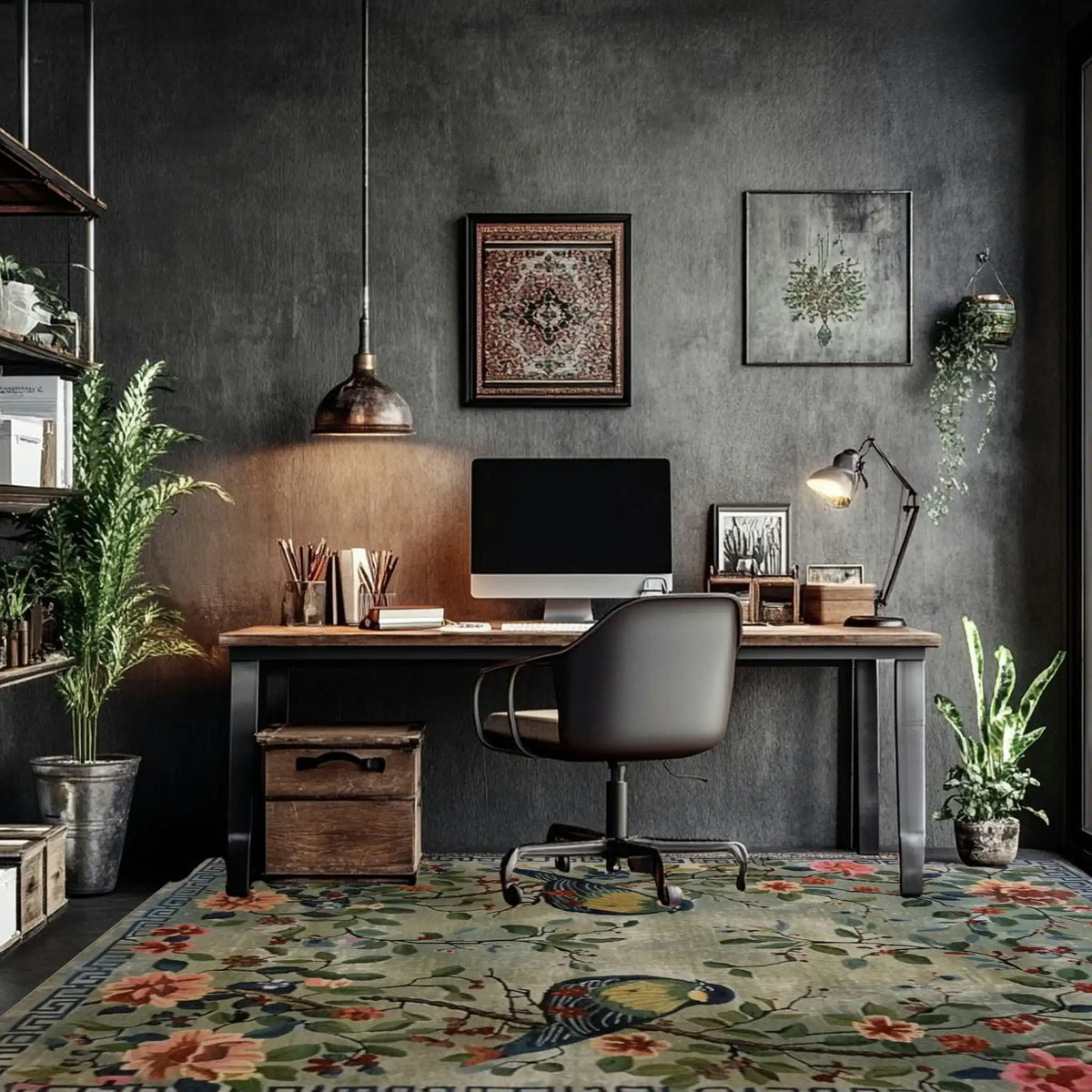 Stylish living room featuring an Avian Serenade Hand Tufted Area Rug. This elegant wool rug, measuring 8x10, adds a touch of nature with its bird and floral patterns, perfectly complementing the modern industrial decor and enhancing the cozy ambiance of the space.