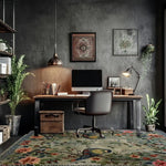 Stylish living room featuring an Avian Serenade Hand Tufted Area Rug. This elegant wool rug, measuring 8x10, adds a touch of nature with its bird and floral patterns, perfectly complementing the modern industrial decor and enhancing the cozy ambiance of the space.