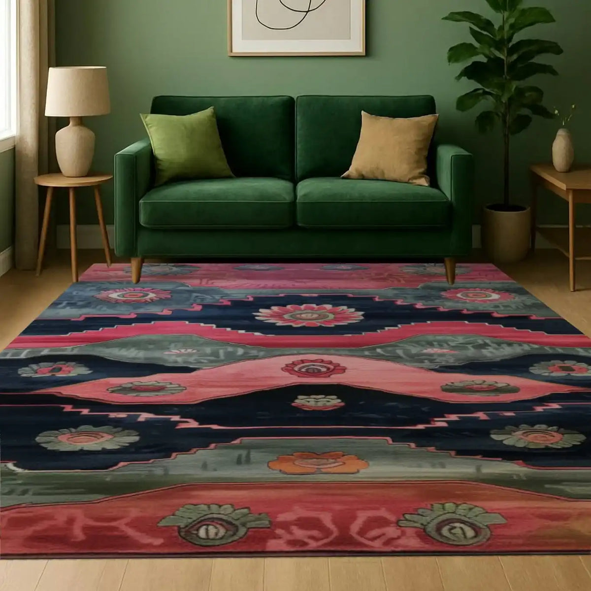 A beautifully designed Aztec Echoes Hand Tufted Area Rug in a modern living room setting. The wool rug features vibrant geometric patterns and floral motifs, perfect for adding a touch of elegance to any bedroom or office space. Complemented by a green sofa and warm lighting, this rug is an ideal choice for those seeking stylish and comfortable bedroom rugs or office rugs.