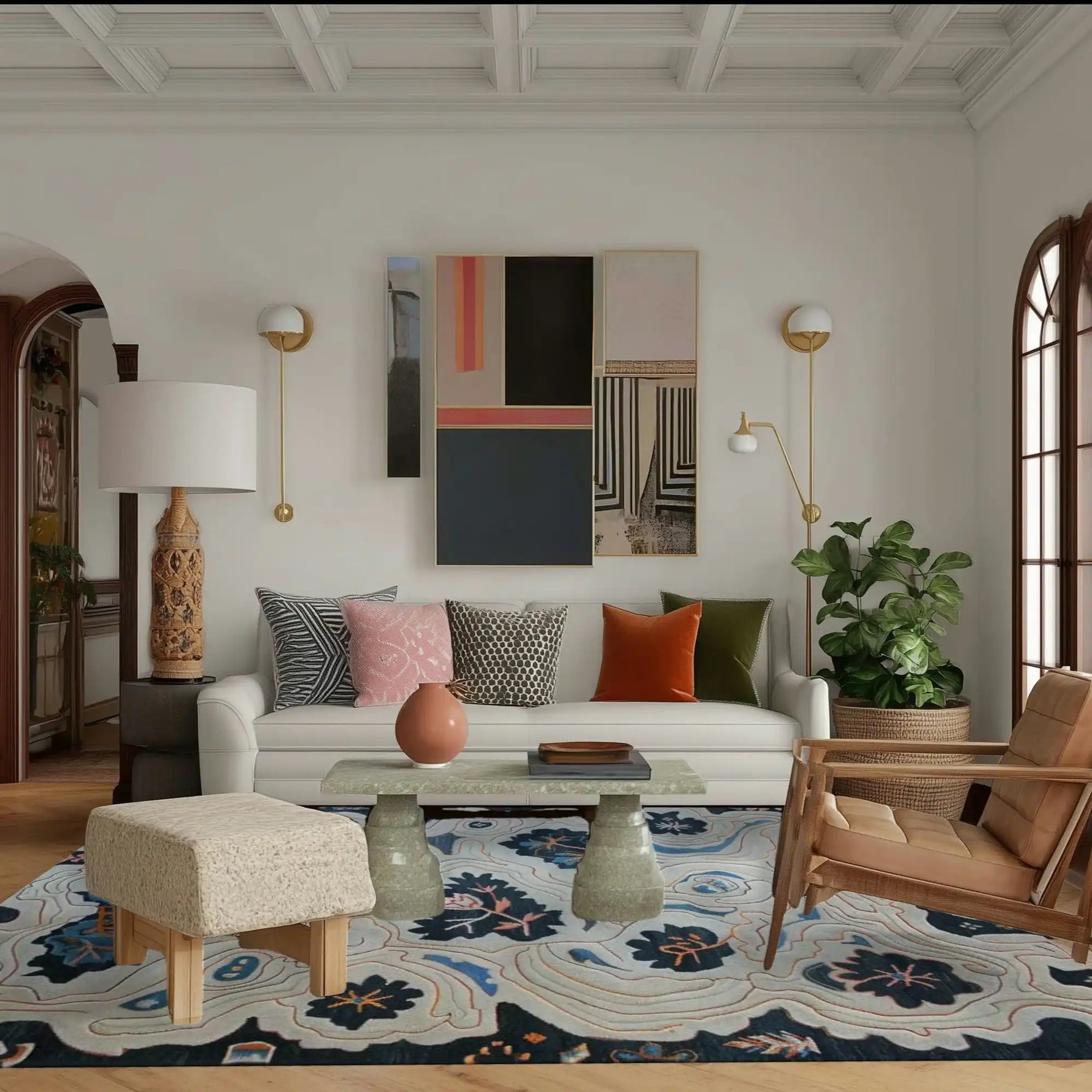 Stylish living room featuring the Azure Blossom Wave Hand Tufted Area Rug. The wool rug displays a vibrant, abstract design that complements the modern decor, ideal for both living room and office spaces. Surrounded by elegant furniture and a lush plant, this rug adds a touch of sophistication to any setting.