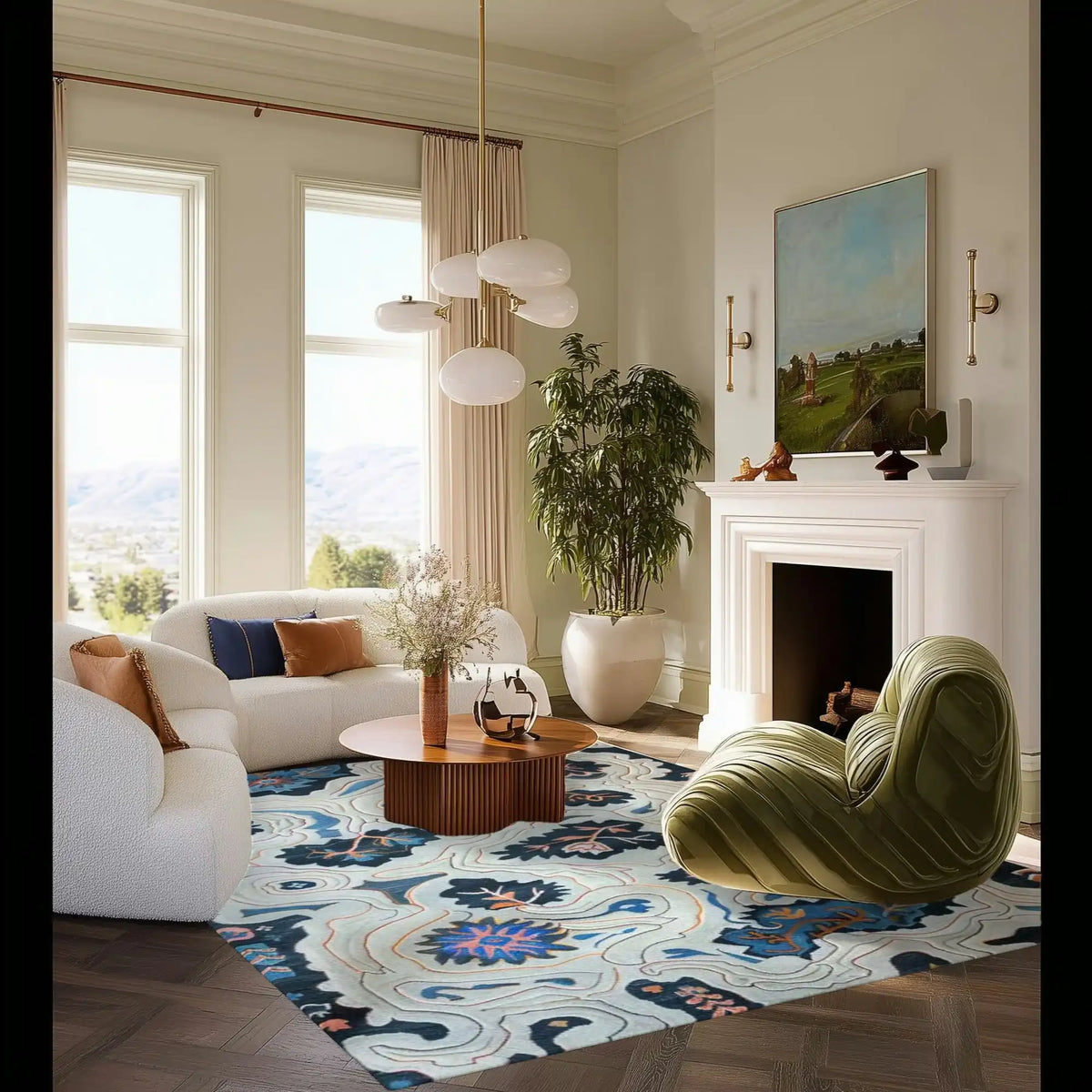 Stylish living room featuring the Azure Blossom Wave Hand Tufted Area Rug with abstract patterns in blue and white. This wool rug adds elegance to the space, complemented by a cozy sofa, modern armchair, and a chic coffee table, ideal for both living room and office settings.