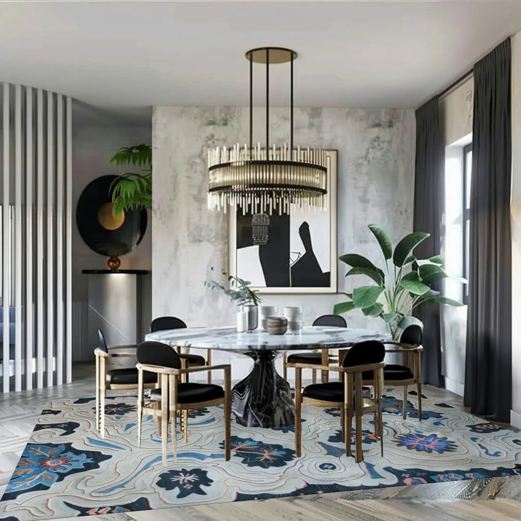 A stylish living room featuring the Azure Blossom Wave Hand Tufted Area Rug. The wool rug showcases a vibrant, abstract design with waves of blue and floral patterns, perfectly complementing the modern decor. Ideal for adding a touch of elegance to your office or living space.