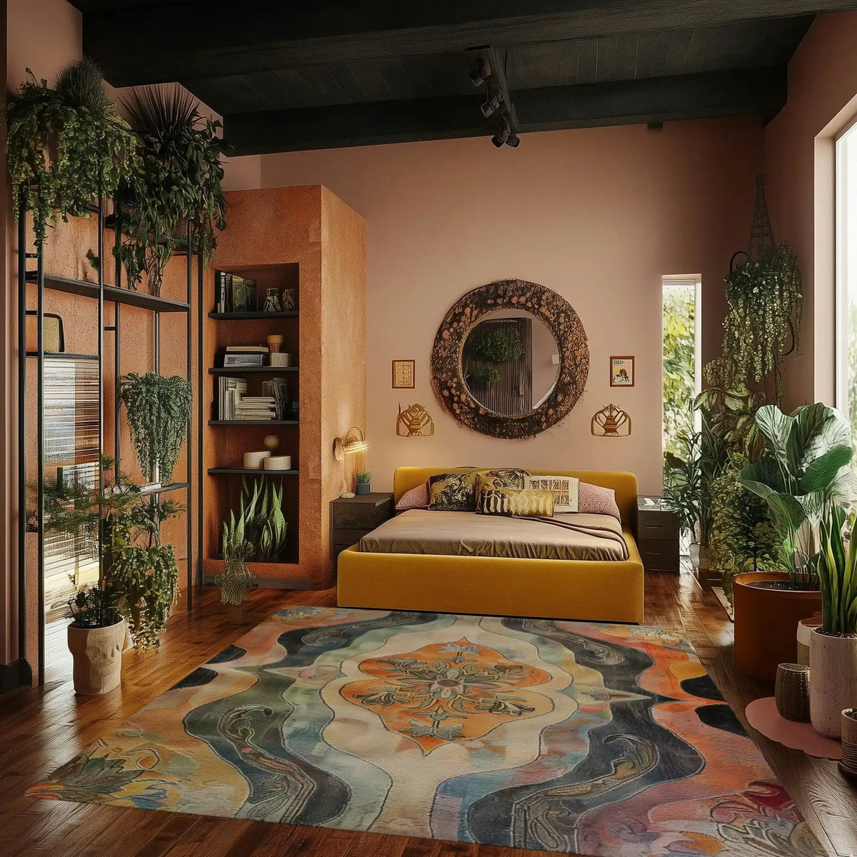 A vibrant Baroque Harmony Hand Tufted Area Rug in a cozy living room setting. The square wool rug features an intricate, colorful abstract design, perfect for enhancing both dining room and living room decor. Surrounded by lush greenery and warm tones, this rug adds elegance to formal dining spaces.