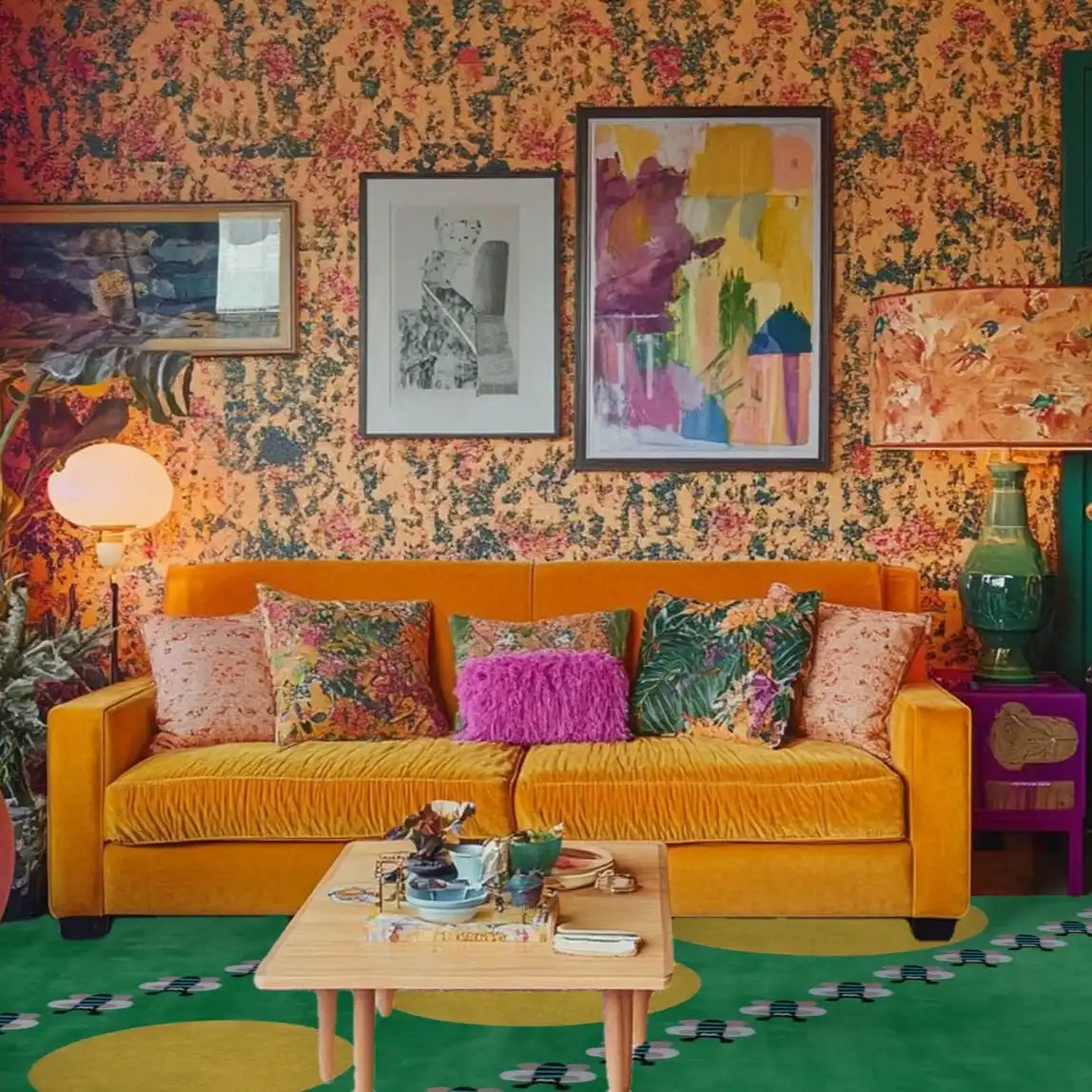 Vibrant living room featuring a colorful area rug with bees and suns motifs, ideal as a wool rug for both dining room and living room spaces. The room is styled with a bright yellow sofa and eclectic decor, showcasing how dining room area rugs can enhance any home setting.