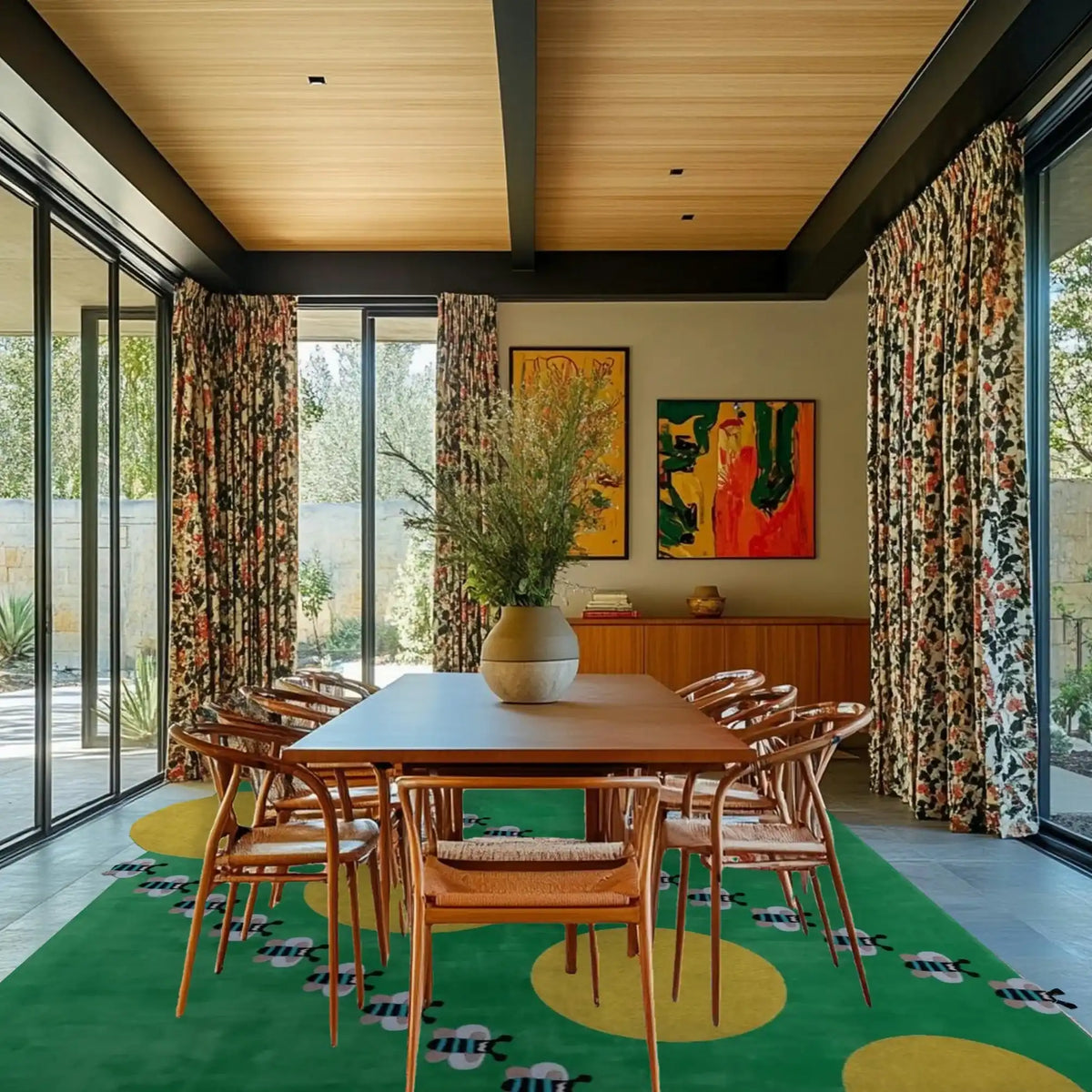 A stylish dining room featuring a vibrant hand-tufted wool rug with bees and suns design. This colorful area rug adds a playful touch to the elegant interior, perfect for dining room area rugs or as rugs for the living room.
