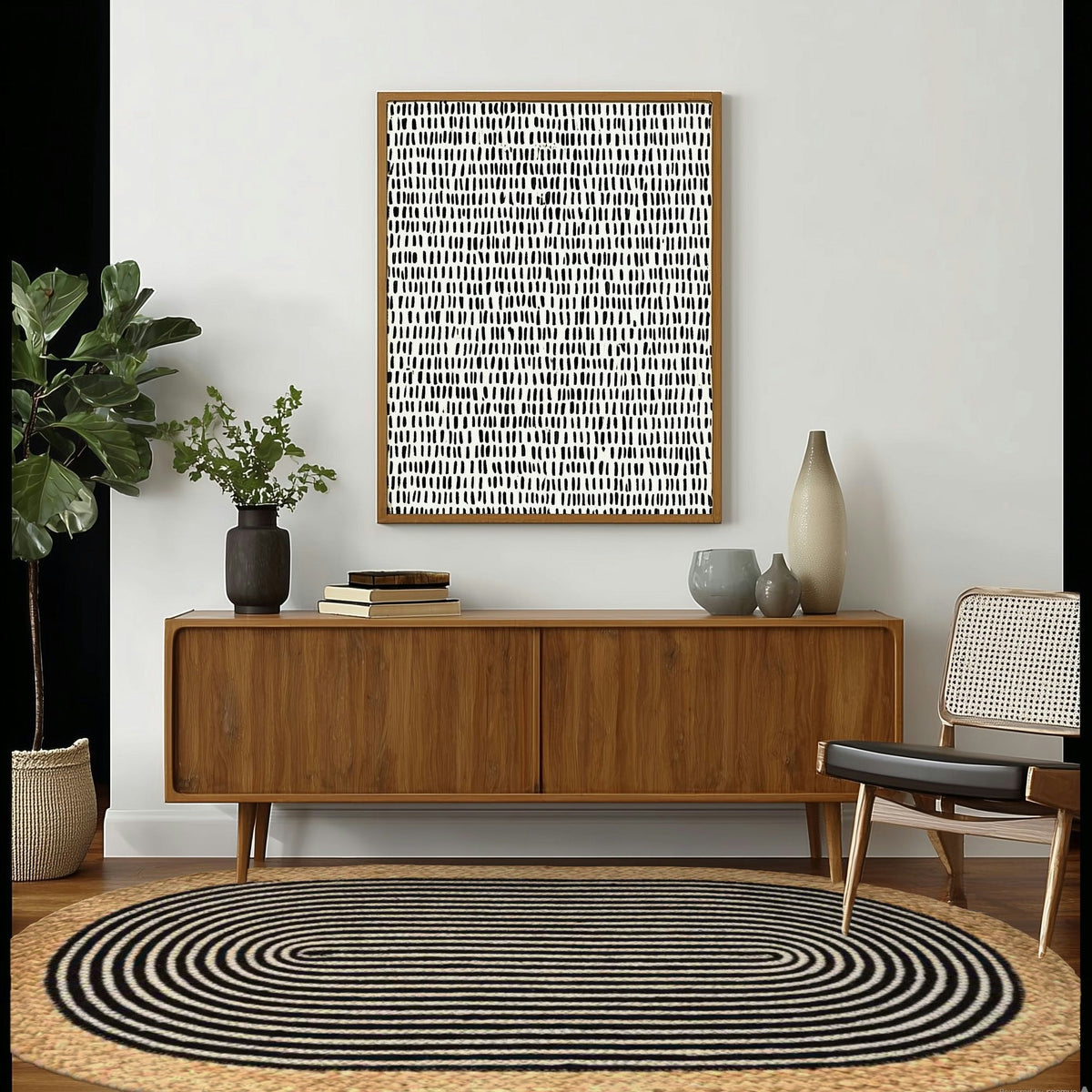 Beige and Black Oval Jute Rug