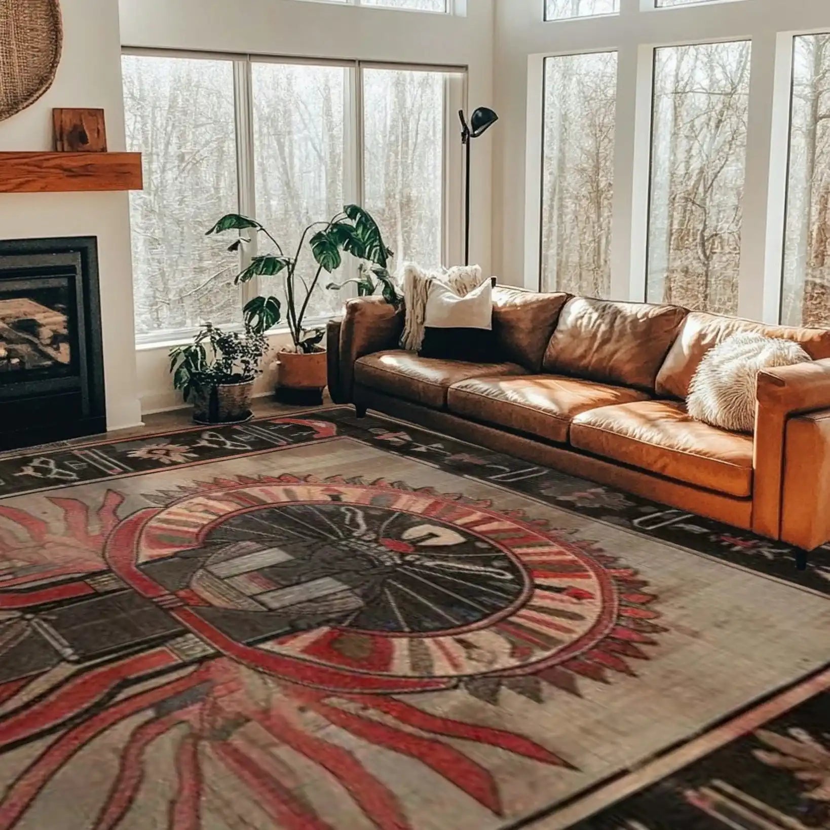 A cozy living room featuring the 'Beneath the Pyramids' hand-knotted area rug. The rug showcases an intricate design with rich earth tones, adding warmth and style to the space. It complements the brown leather sofa and natural light filtering through large windows, creating an inviting atmosphere.
