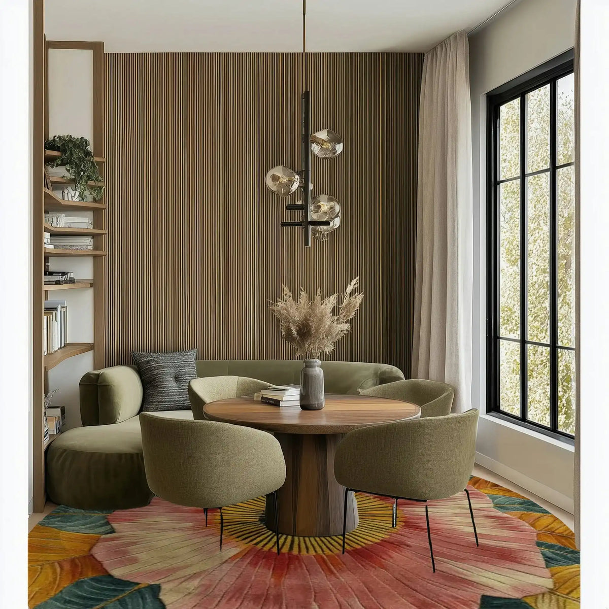 A stylish living area featuring a Big Bloom Tapestry Hand Tufted Round Rug in vibrant colors, harmoniously accented with modern furniture. This wool rug serves as a centerpiece, enhancing the cozy ambiance of the room, ideal for use as a bedroom area rug or in an office setting.