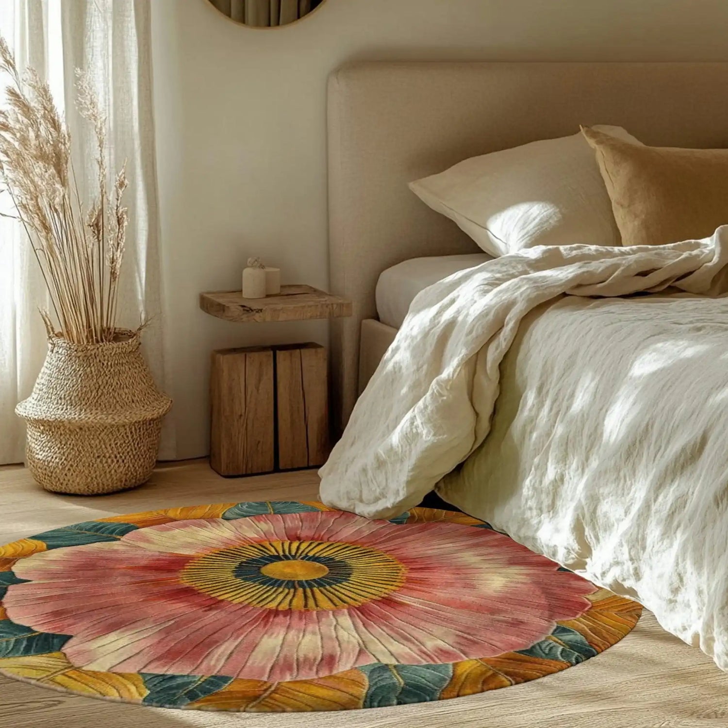 A cozy bedroom featuring a Big Bloom Tapestry Hand Tufted Round Rug. This wool area rug showcases a vibrant floral design with warm hues, perfectly complementing the serene bedroom setting. Ideal as a bedroom area rug, it adds a touch of elegance to both home and office spaces.