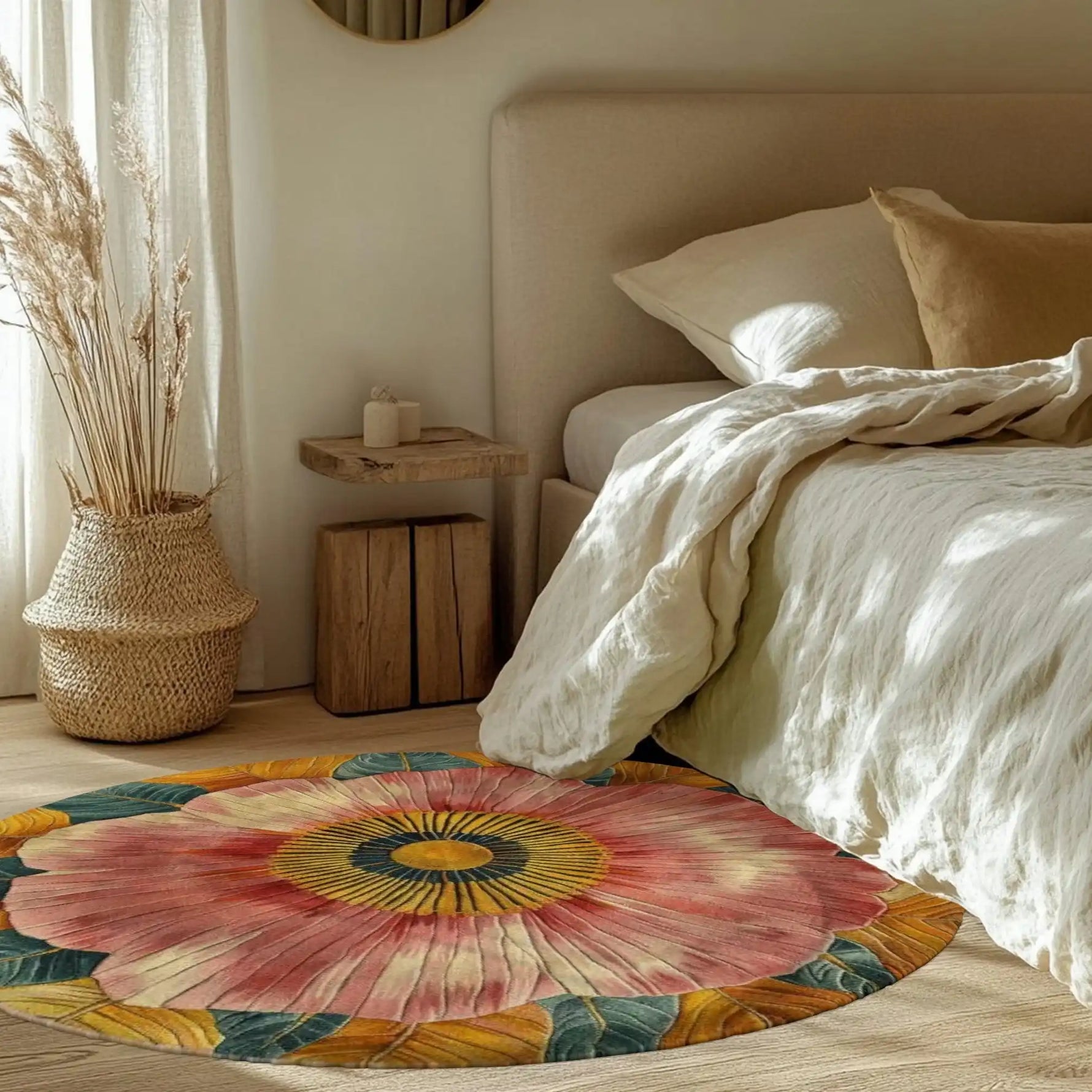A cozy bedroom featuring a Big Bloom Tapestry Hand Tufted Round Rug. This wool area rug showcases a vibrant floral design with warm hues, perfectly complementing the serene bedroom setting. Ideal as a bedroom area rug, it adds a touch of elegance to both home and office spaces.
