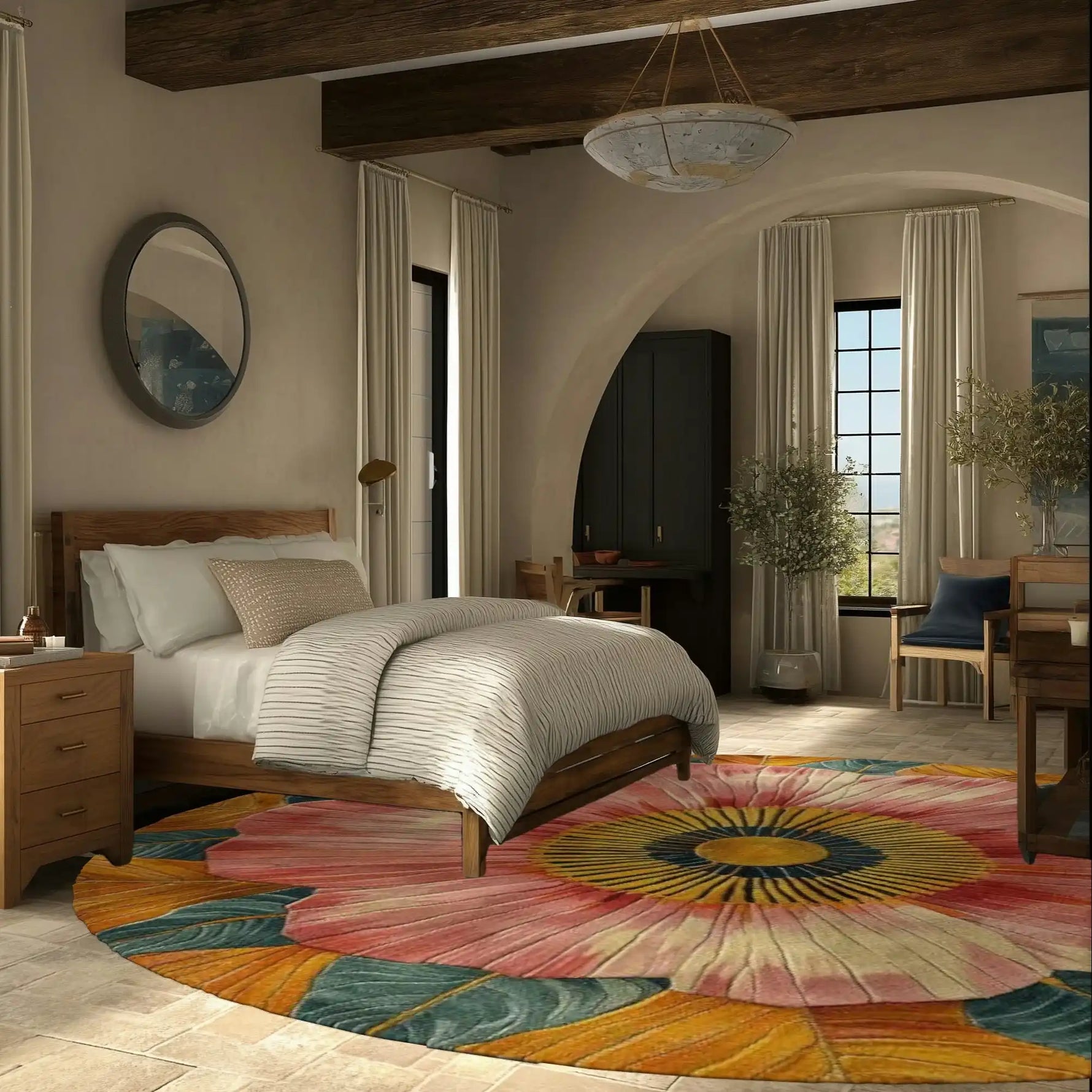 A beautifully designed Big Bloom Tapestry Hand Tufted Round Rug adds a vibrant touch to a cozy bedroom. This wool rug features a bold floral pattern with bright colors, perfectly complementing the wooden furniture and serene decor. Ideal as a bedroom area rug or for an office, this round rug enhances any space with its unique charm.