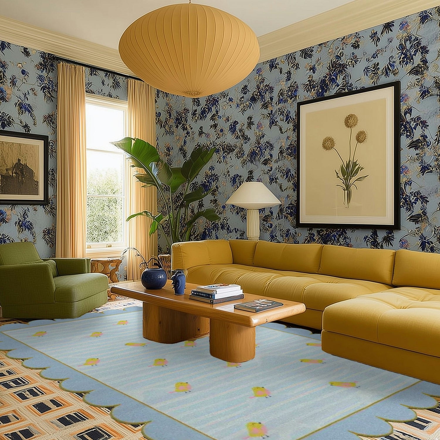 Birds over Ocean Scallop Hand Tufted Rug