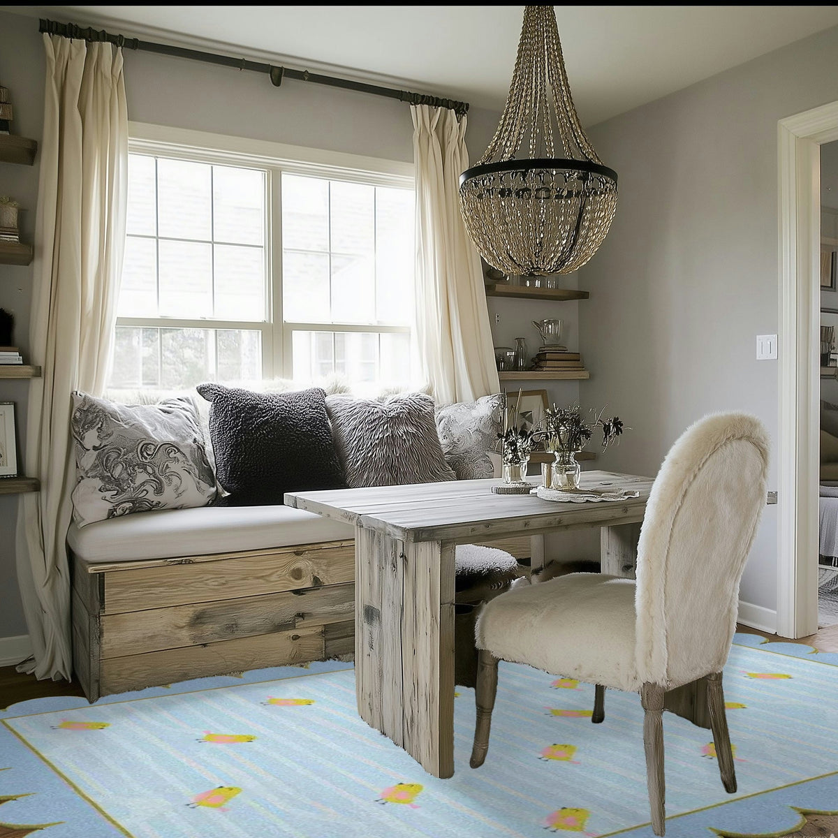 Birds over Ocean Scallop Hand Tufted Rug