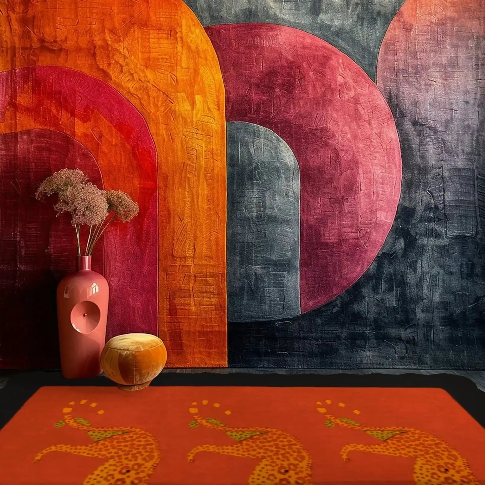 Vibrant area rug featuring black leopards against a desert-inspired backdrop. Perfect as a dining table rug, this hand-tufted wool rug adds an artistic touch to any dining room setting.