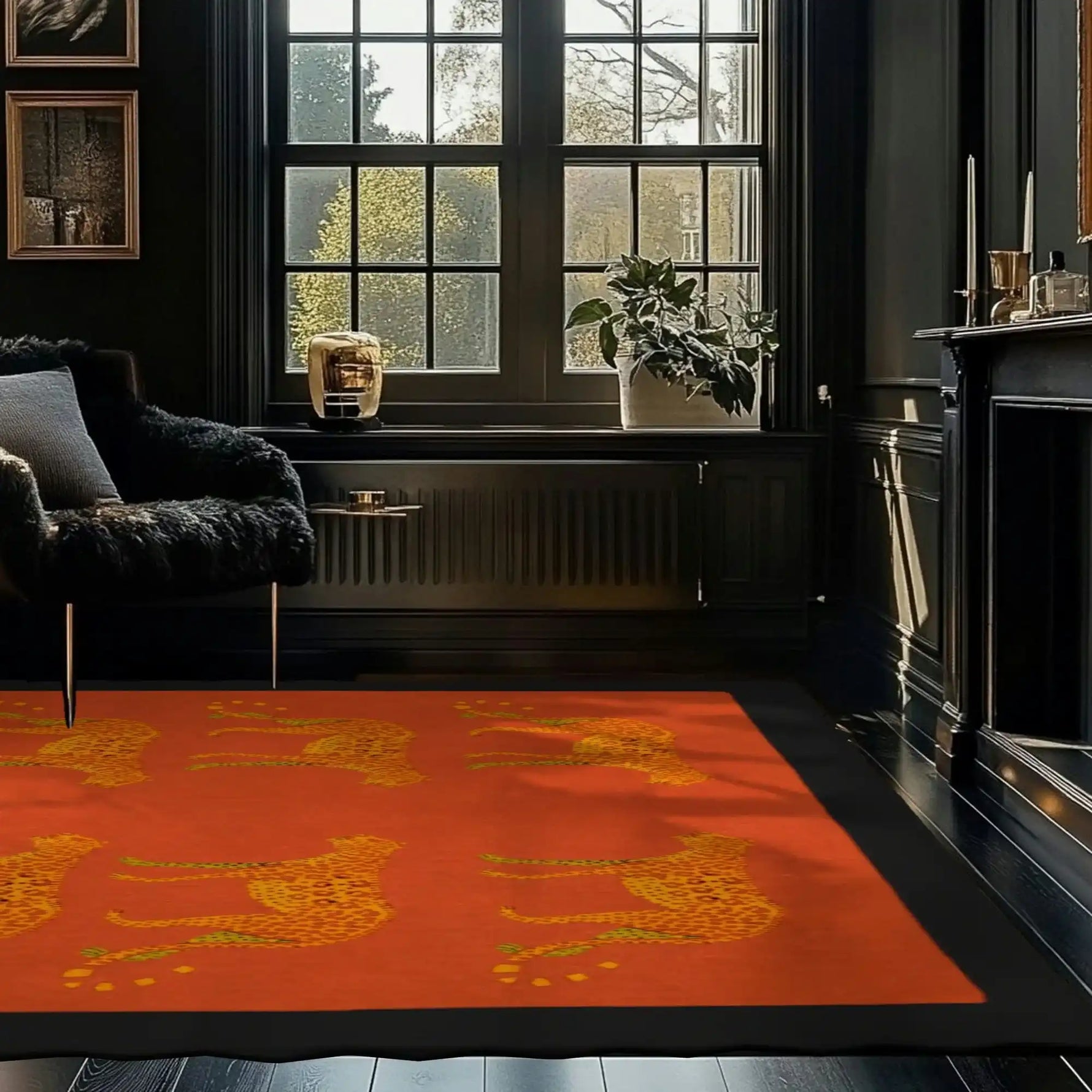 Stylish area rug featuring black leopards in a desert design, perfect as a wool rug for a dining room. The hand-tufted texture adds elegance and warmth to any dining table setting.