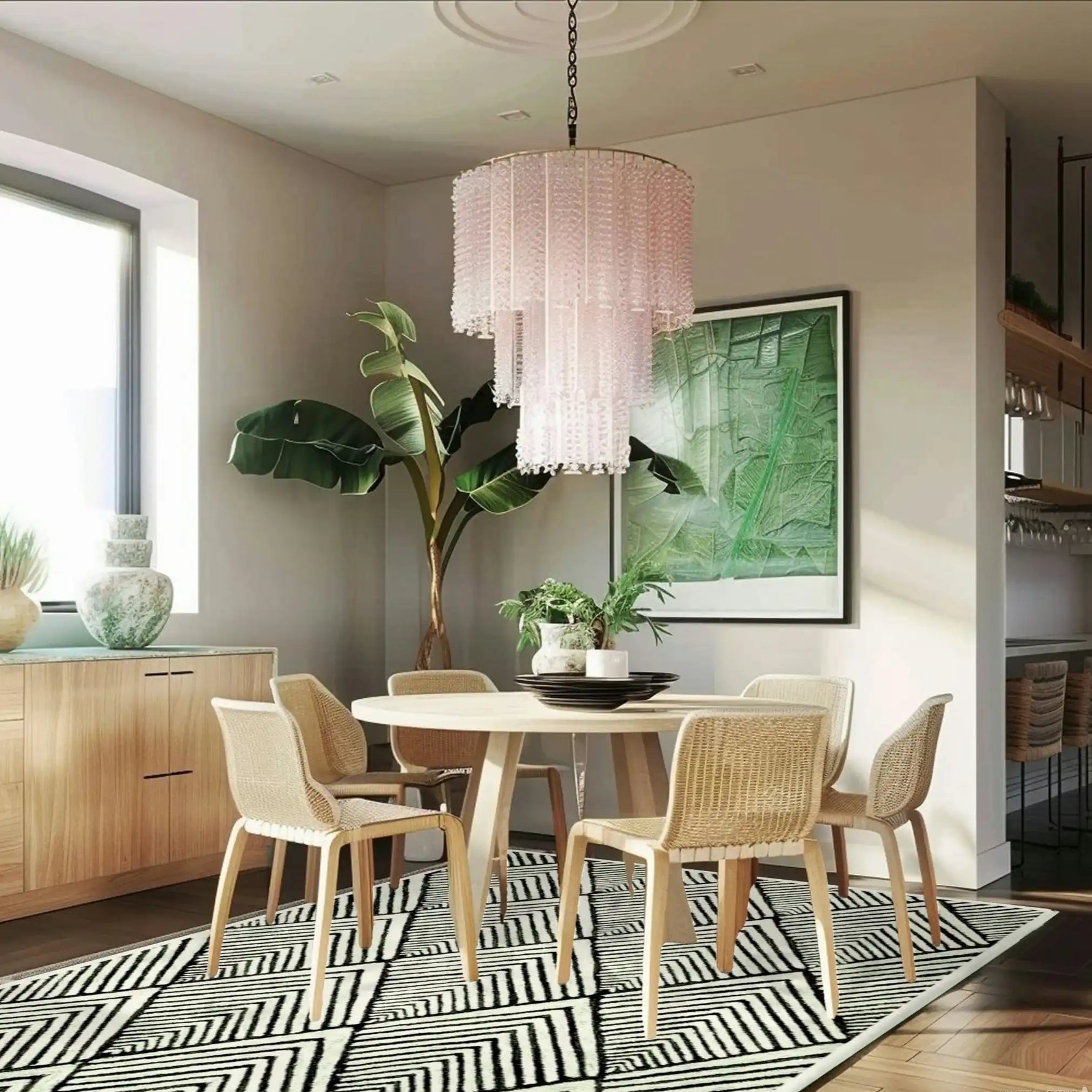 A stylish living room showcasing a Black and Cream Art Deco Geometric Hand Tufted Wool Rug. The area rug features bold, geometric patterns that add a modern touch to the space. Perfect for bedroom or living room use, this wool rug complements the light wooden furniture and contemporary decor.