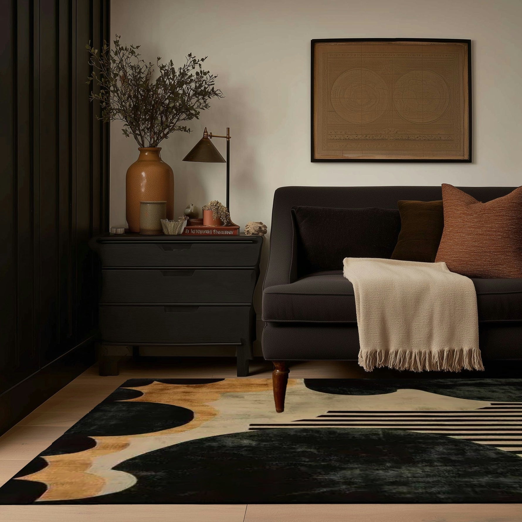 Black and Gold Striped Hand Tufted Rug 