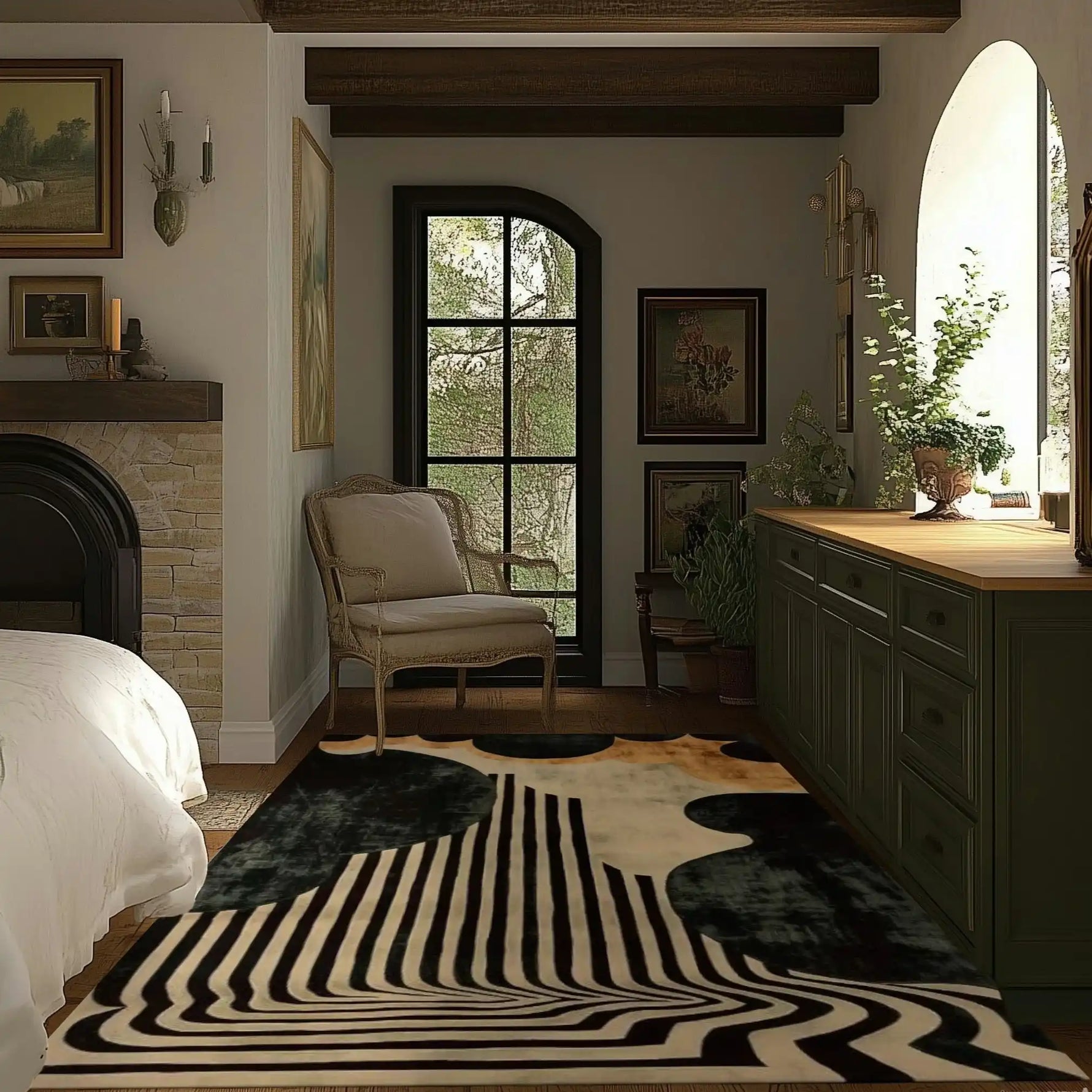 A stylish black and gold striped hand-tufted area rug in a cozy living room setting. The wool rug enhances the ambiance of the space, making it perfect for both living room and dining room areas. This abstract design serves as an elegant dining table rug, blending seamlessly with the rustic decor of the room.