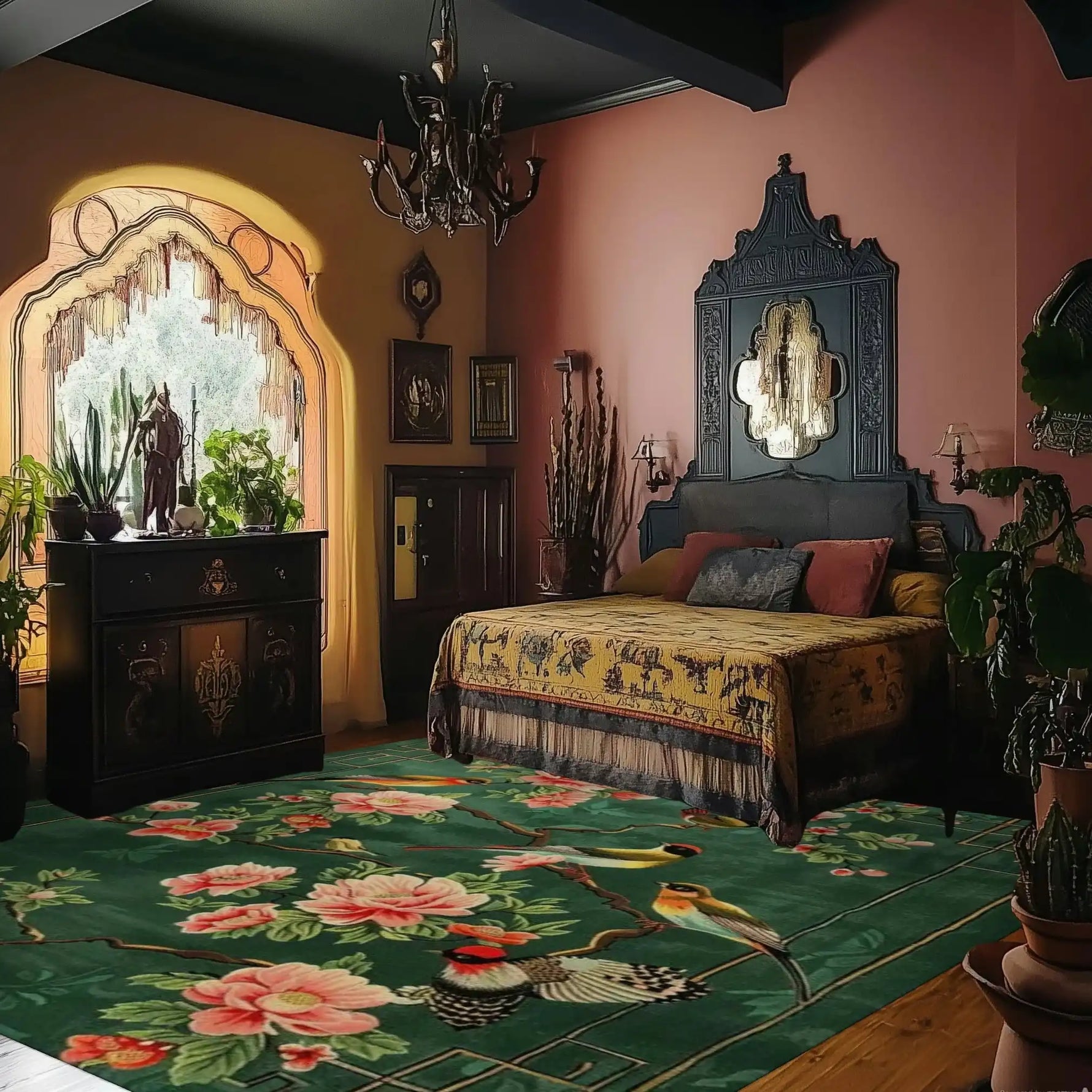 A beautifully decorated living room featuring a large area rug with an intricate floral and bird design, perfect for adding elegance to any living space. The wool rug enhances the cozy and luxurious atmosphere of the room, making it an ideal choice for a large living room.