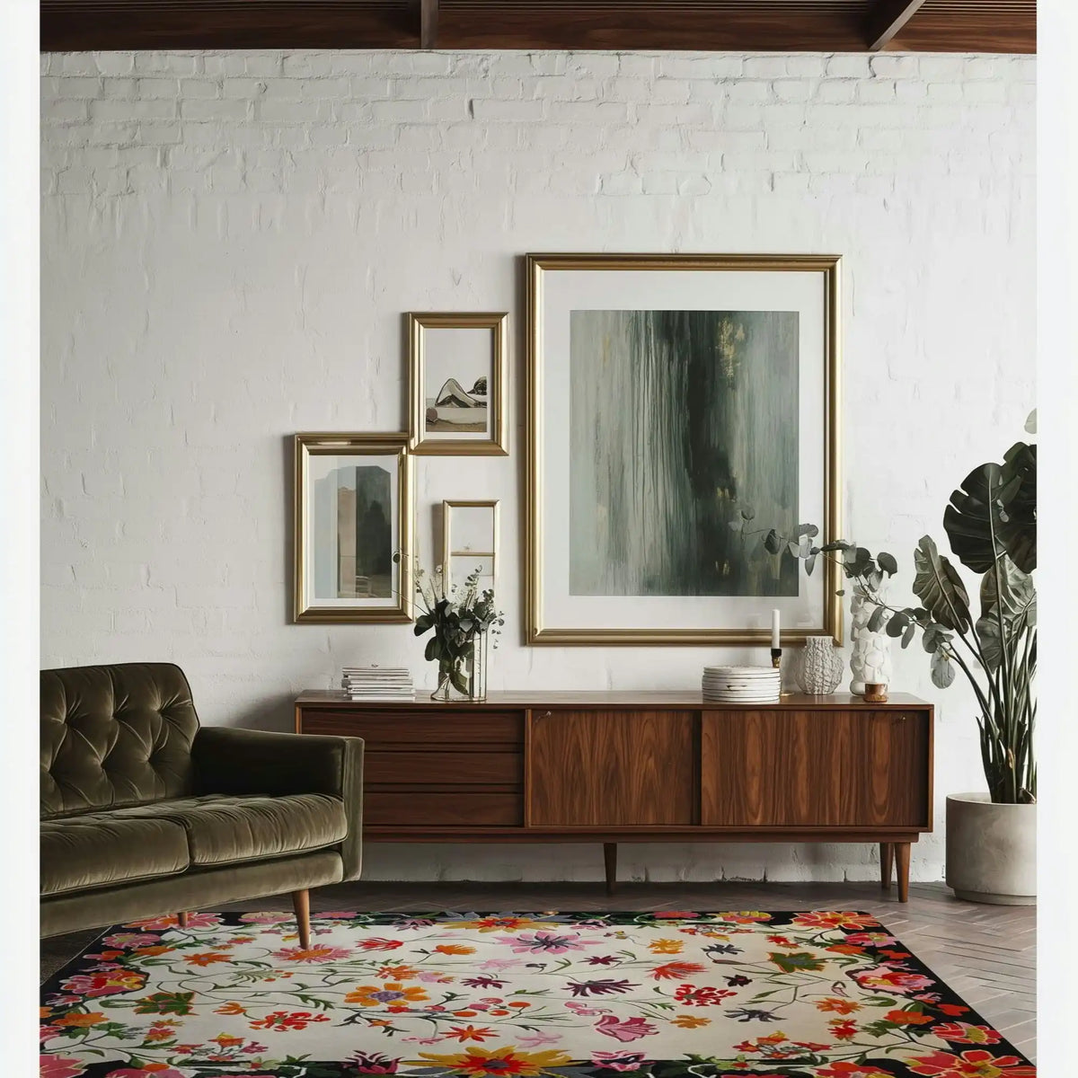 A cozy living room featuring a Blooming Ivory Garden Hand Tufted Area Rug. The wool rug showcases vibrant floral patterns, adding a splash of color to the large living room. The rug complements the modern decor, including a plush sofa, a wooden sideboard, and elegant wall art.