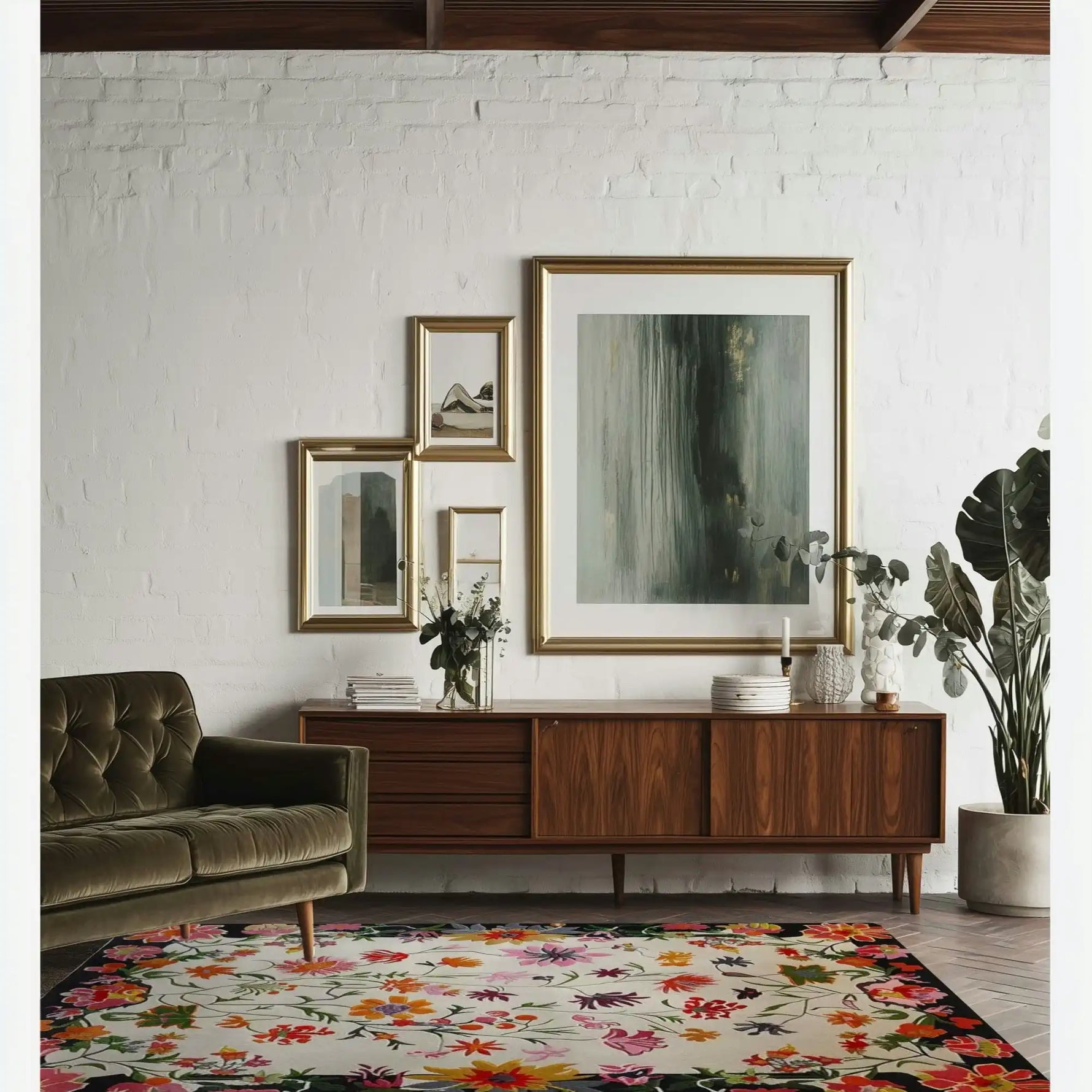 A cozy living room featuring a Blooming Ivory Garden Hand Tufted Area Rug. The wool rug showcases vibrant floral patterns, adding a splash of color to the large living room. The rug complements the modern decor, including a plush sofa, a wooden sideboard, and elegant wall art.