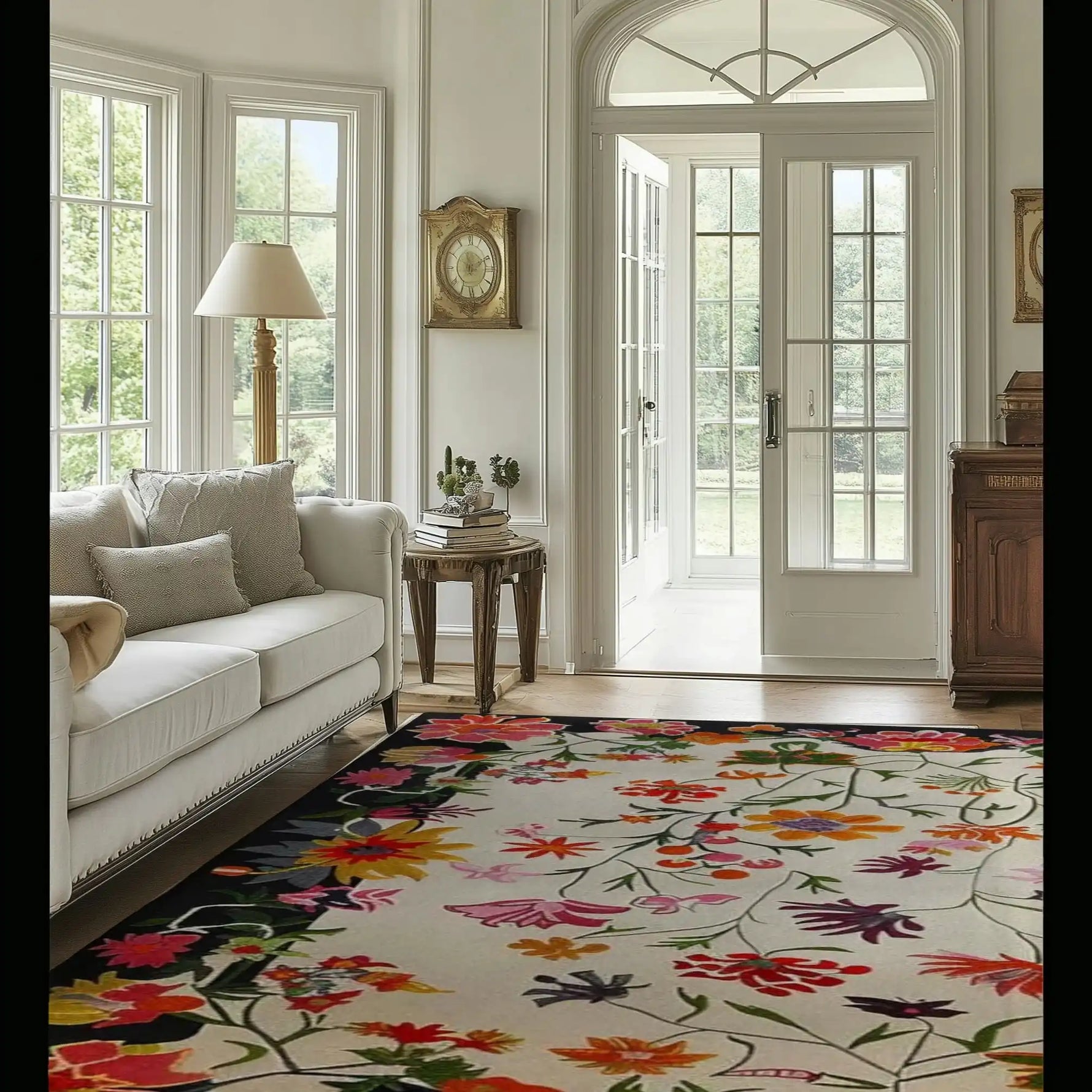 Elegant living room featuring a Blooming Ivory Garden Hand Tufted Area Rug. The wool rug showcases a vibrant floral design, adding a touch of nature to the spacious, sunlit room. Perfect for those seeking large living room rugs that offer both style and comfort.