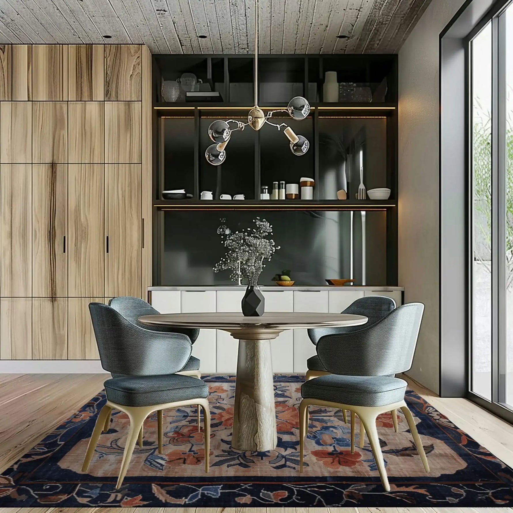 A beautifully designed living room featuring a Blossom Artistry Hand Knotted Rug. This square area rug, resembling Persian rugs, adds elegance to the space with its intricate floral patterns in rich colors. The wool rug provides a warm and cozy underfoot experience, perfectly complementing the modern furniture and wooden cabinetry. Ideal for large living room settings, this area rug enhances the overall aesthetic with its luxurious charm.