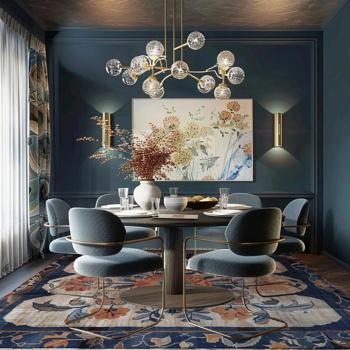 A stylish living room featuring a Blossom Artistry Hand Knotted Area Rug. This square area rug, inspired by Persian rugs, showcases intricate floral patterns in rich blues and warm earthy tones, perfectly complementing the elegant dining setup with modern chairs and a contemporary chandelier. The wool rug adds a touch of luxury and coziness to the large living room space.