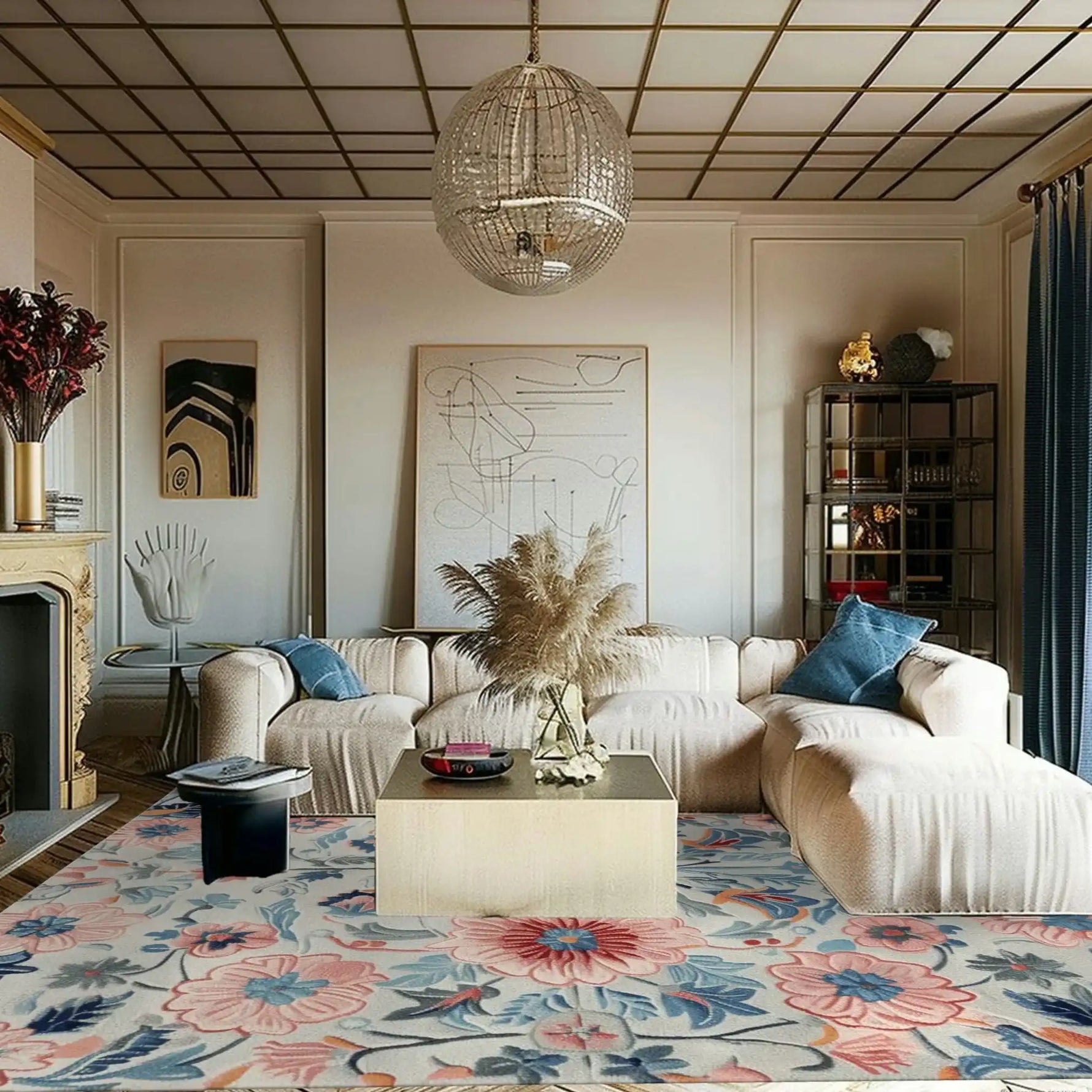 A cozy living room featuring a Blossom Burst Hand Tufted Area Rug with vibrant floral patterns. This wool square rug adds a touch of elegance, perfect for enhancing the charm of your living room. The floral rug complements the modern decor, creating a welcoming atmosphere.