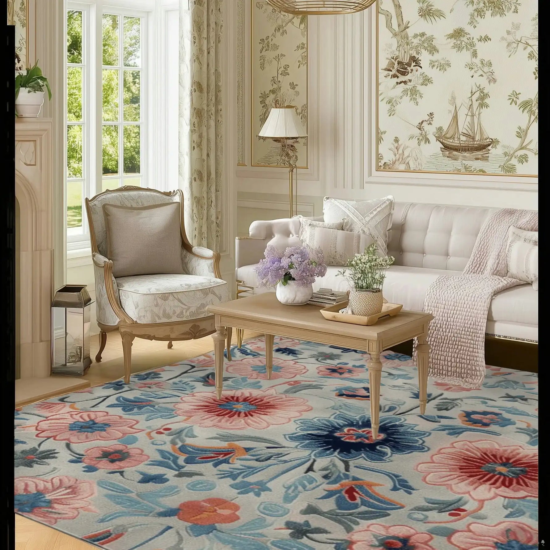 A beautifully styled living room featuring a Blossom Burst Hand Tufted Area Rug. This wool rug showcases vibrant floral patterns in shades of pink, blue, and orange, perfectly complementing the elegant furniture. Ideal for those seeking stylish living room area rugs, this square rug adds a touch of sophistication and warmth.