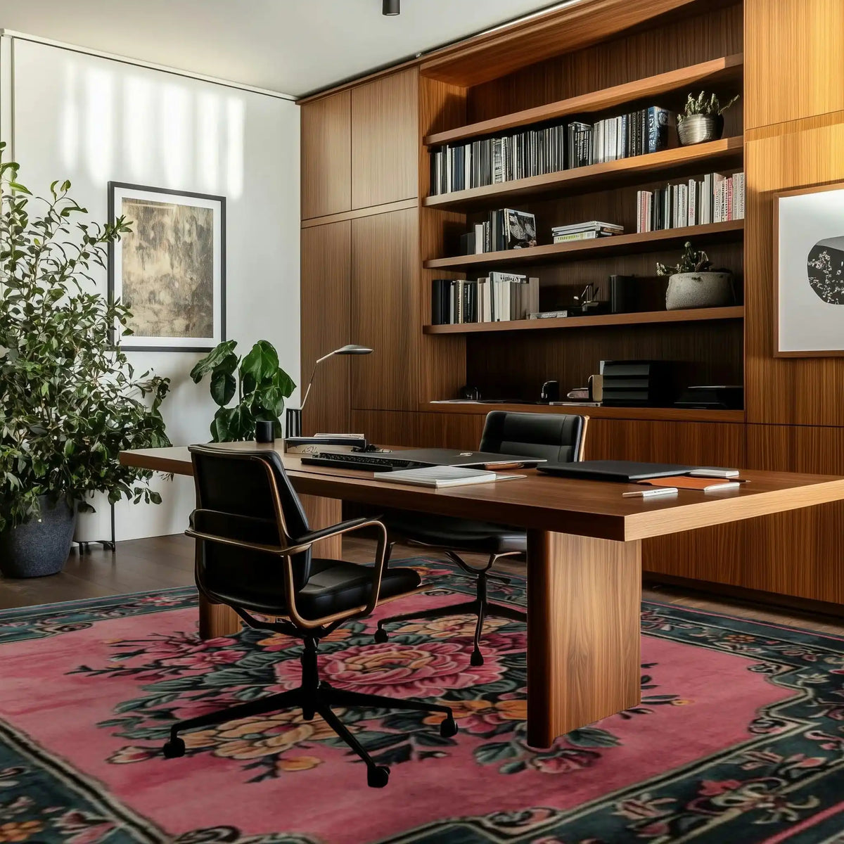 Elegant home office featuring a vibrant Blossom Floral Elegance Hand Tufted square area rug. The wool rug displays a striking floral design with bold pink hues, perfectly complementing the dark wooden furniture and bookshelves. This large living room rug adds a touch of sophistication and warmth to the modern workspace, making it an ideal choice for rugs for living room settings.