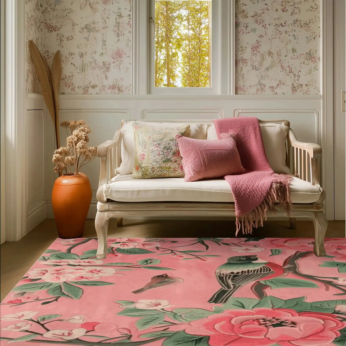 A vibrant Blossom Melody Hand Tufted Area Rug graces a cozy living room setting. This wool rug features intricate floral designs in pink and green hues, perfect as a large living room rug. The floral rug complements the elegant decor, including a classic settee adorned with decorative pillows and a soft throw. Perfect for those seeking stylish rugs for living room spaces.