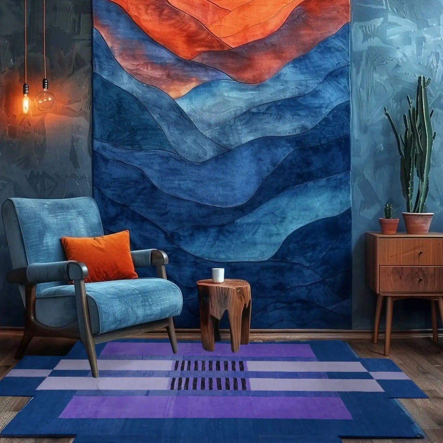 A vibrant living room featuring a Blue Aztec Steps Hand Tufted Wool Rug. This large area rug adds a bold touch with its abstract patterns and rich blue and purple hues. Perfect for enhancing your living room with style and comfort.