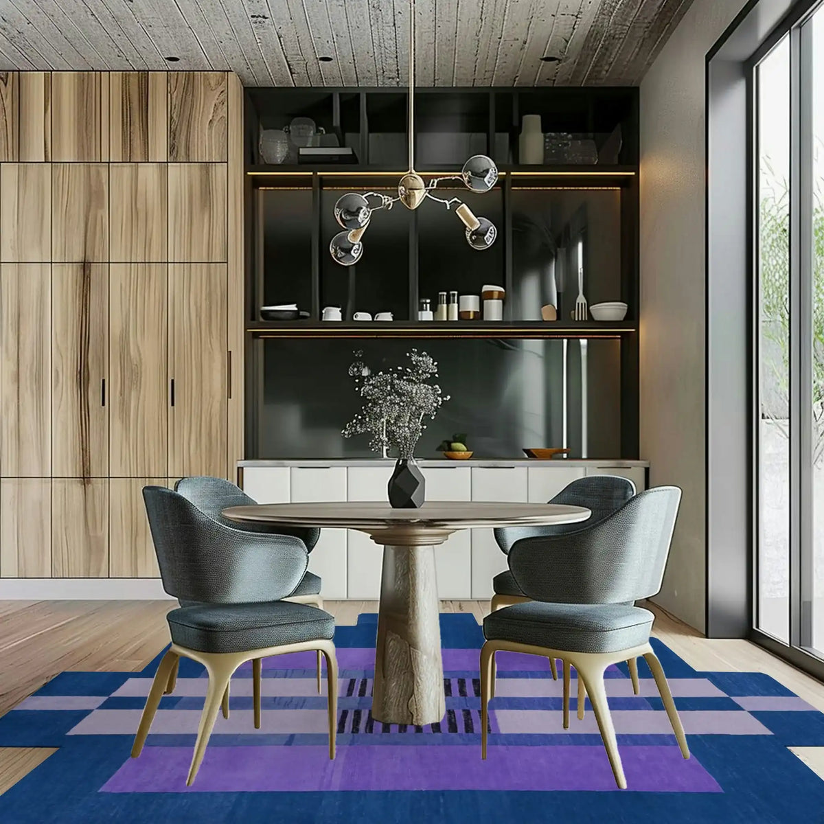 A stylish living room featuring a Blue Aztec Steps hand-tufted wool rug. This large area rug adds a touch of elegance with its vibrant geometric patterns, complementing the modern furniture and wooden cabinets. Perfect for enhancing any living room space with comfort and style.