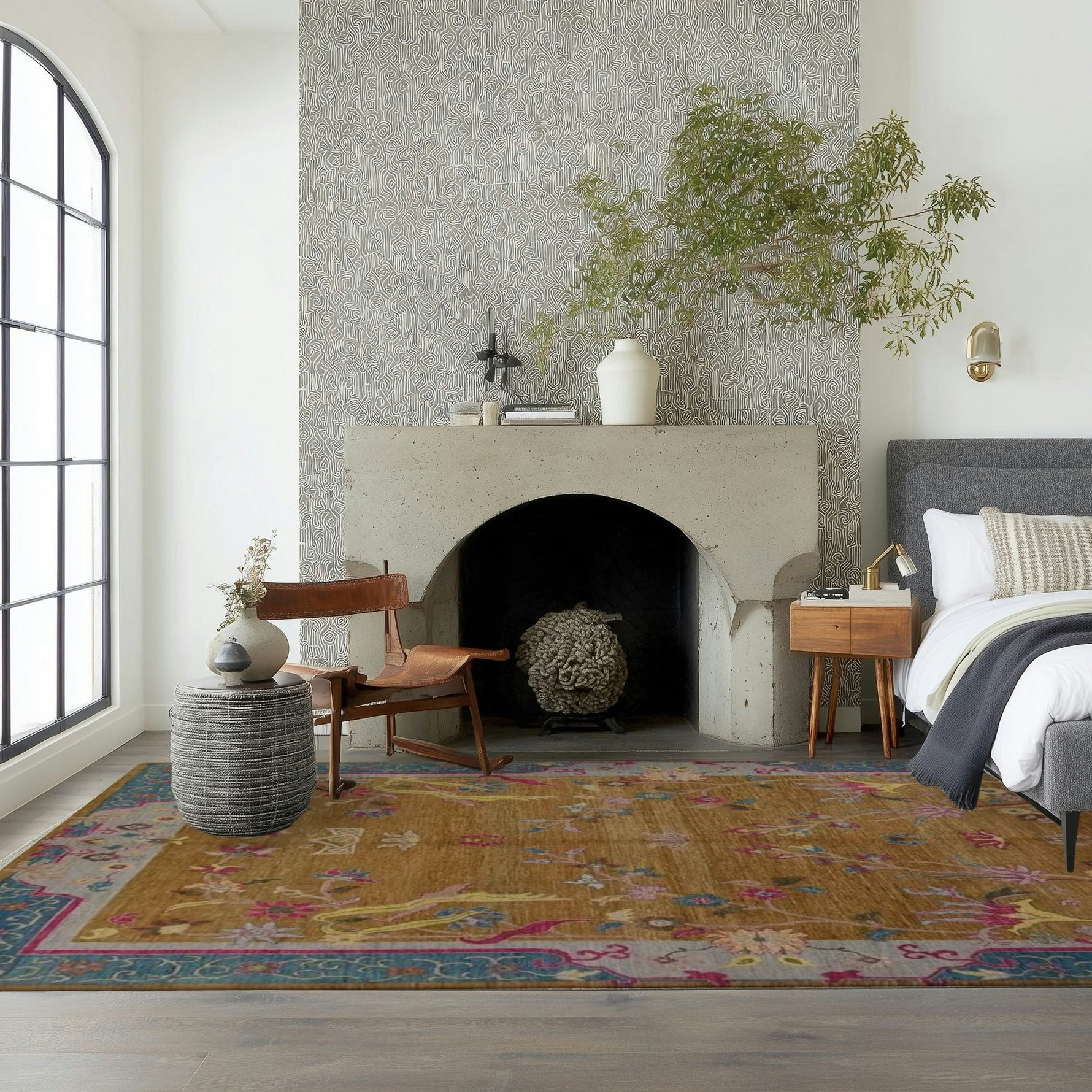 Blue Bordered Spring Floral in the Golden Sky Wool Hand Knotted Area Rug