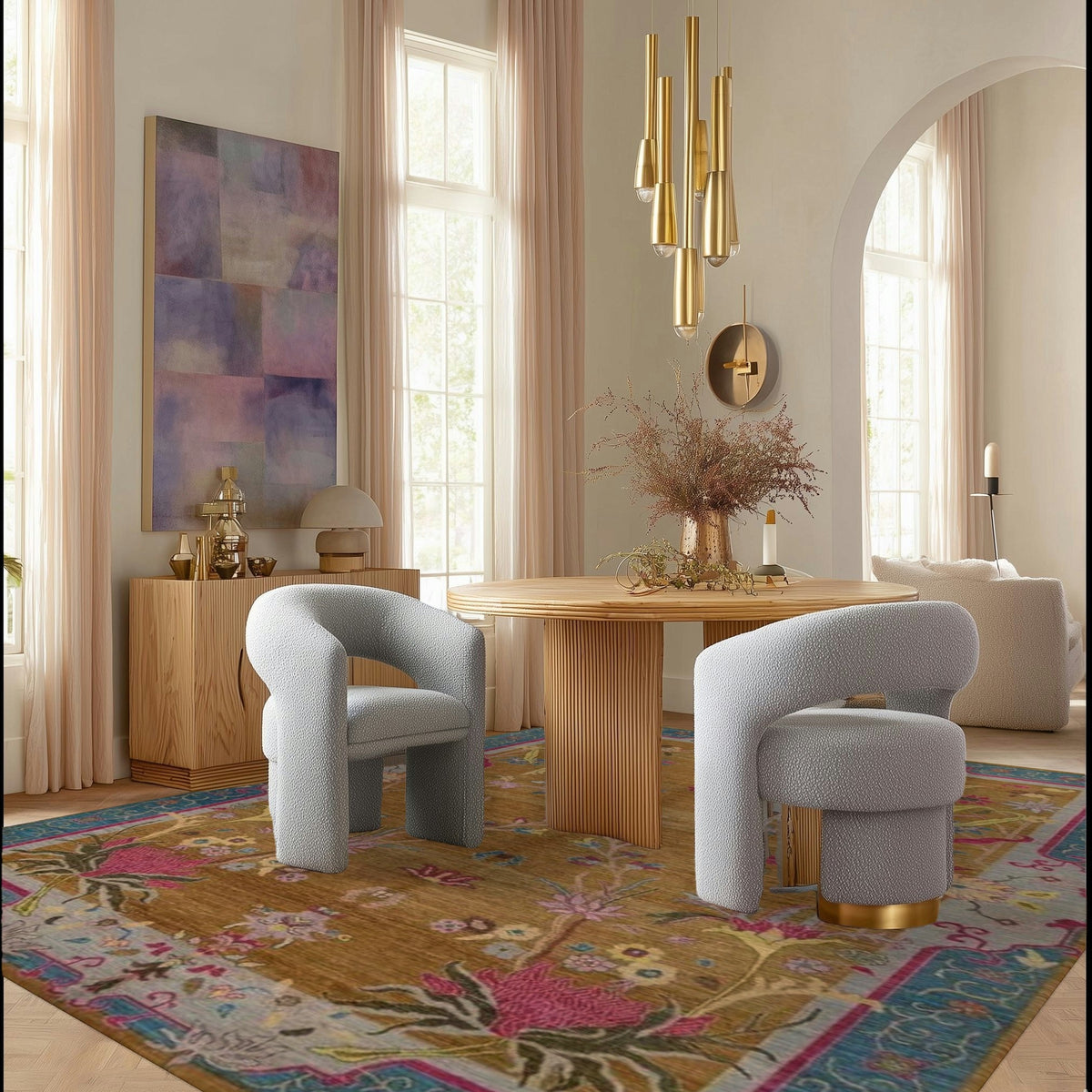 Blue Bordered Spring Floral in the Golden Sky Wool Hand Knotted Area Rug