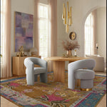 Blue Bordered Spring Floral in the Golden Sky Wool Hand Knotted Area Rug