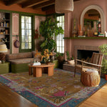 Blue Bordered Spring Floral in the Golden Sky Wool Hand Knotted Area Rug